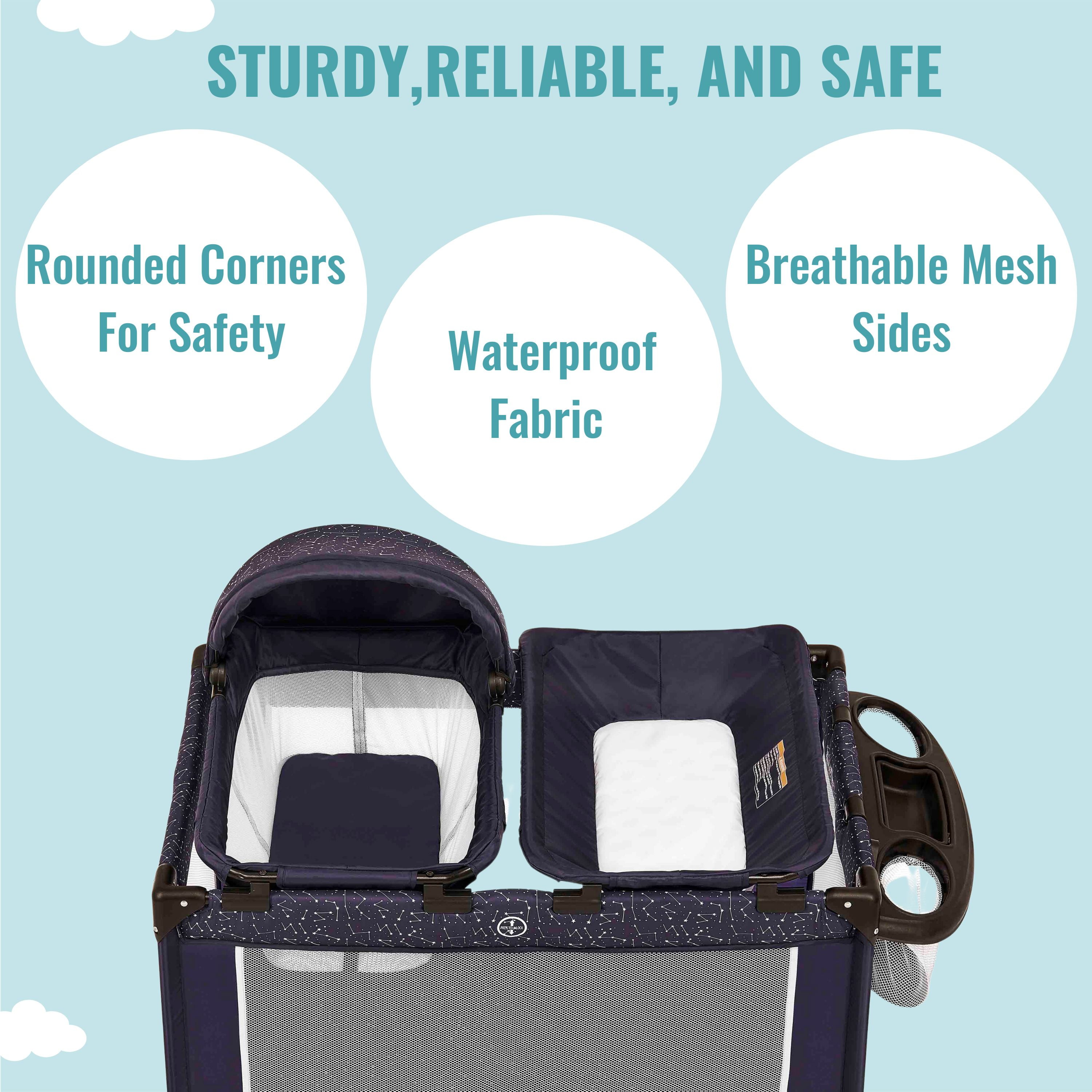 Dream On Me Emily Rose Deluxe Playard with Changing Tray and Infant Bassinet | with Canopy | Waterproof Fabric | with Changing Station | JPMA Certified | Lightweight In In Galaxy Blue - Image 11