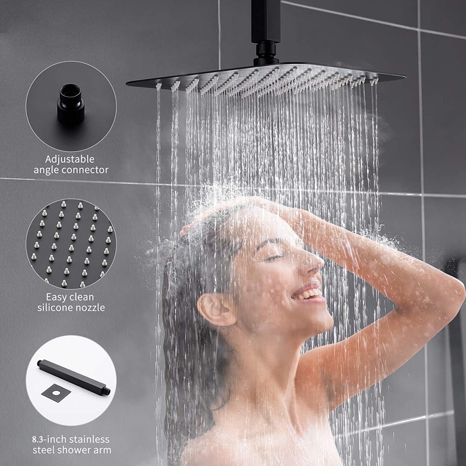 Zovajonia Matte Black Shower System 8 Inches Shower Faucet Set, Rain Shower Head with Handheld Spray Bathroom Ceiling Mount Shower Fixtures - Image 3