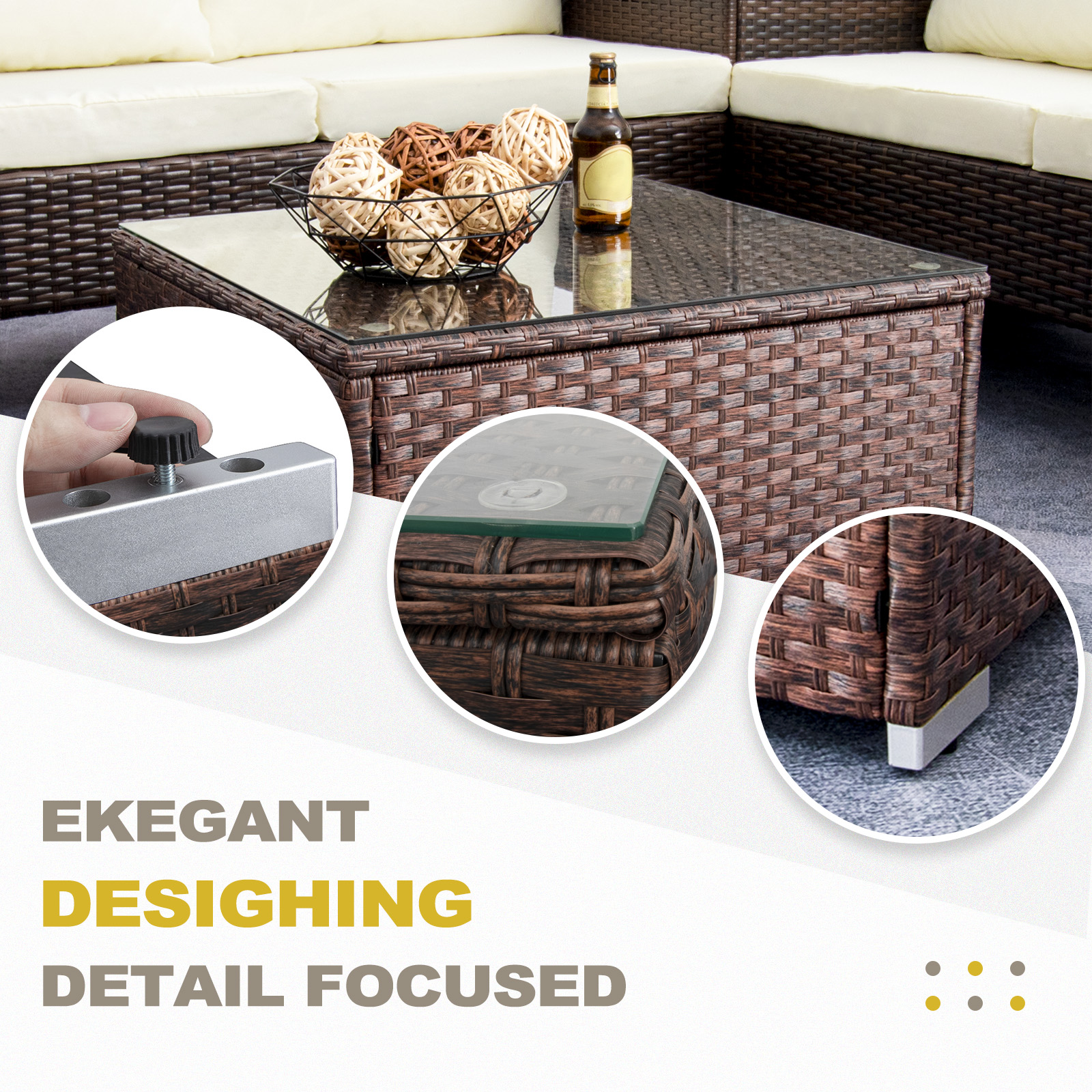 DIMAR GARDEN Outdoor Rattan Square Coffee Table with Glass Top, Mixed Brown - Image 4