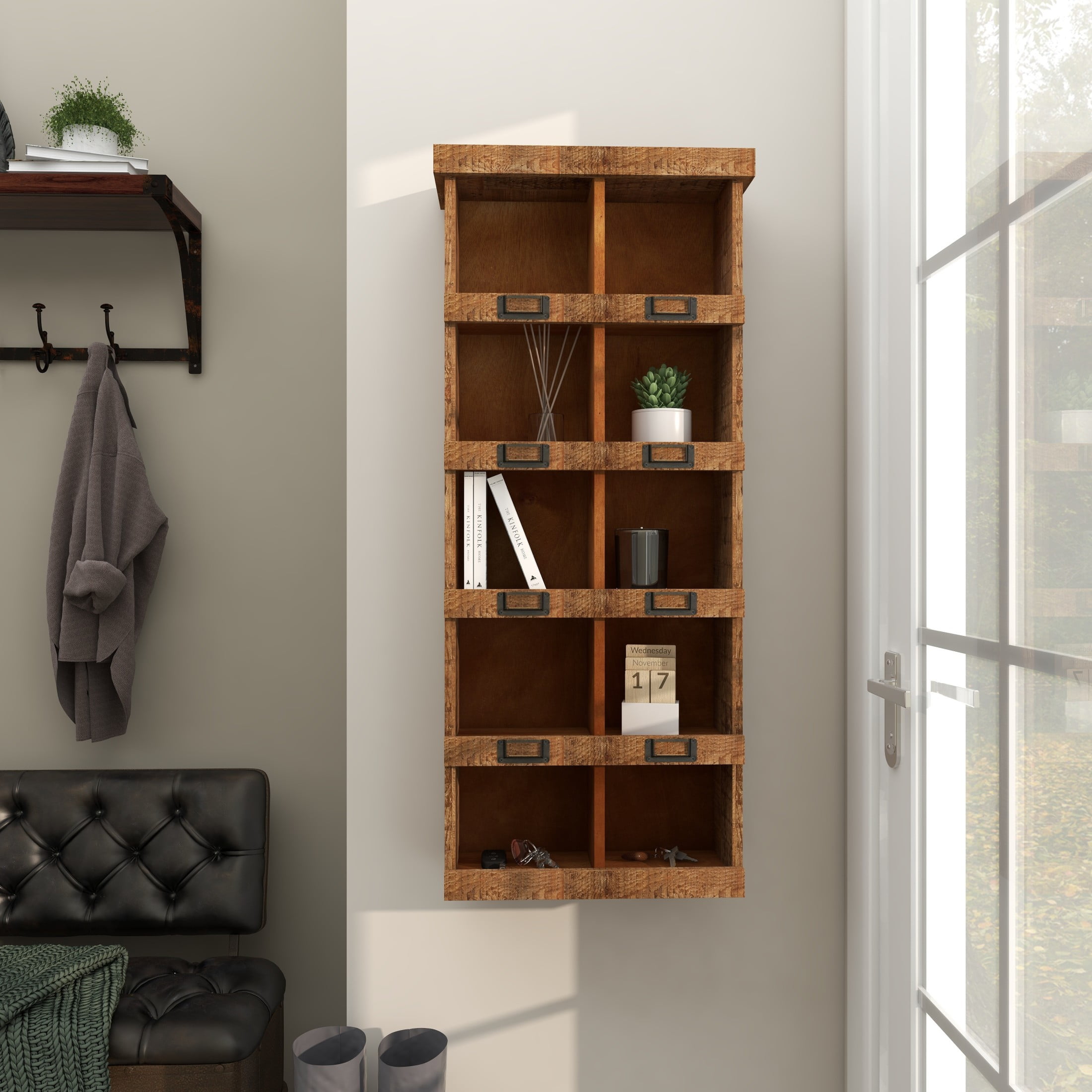 DecMode Rustic Bookcase Inspired Wood Wall Shelf with 10 Square Units and Brown Wood Grain Finish, 18"W x 42"H - Image 8