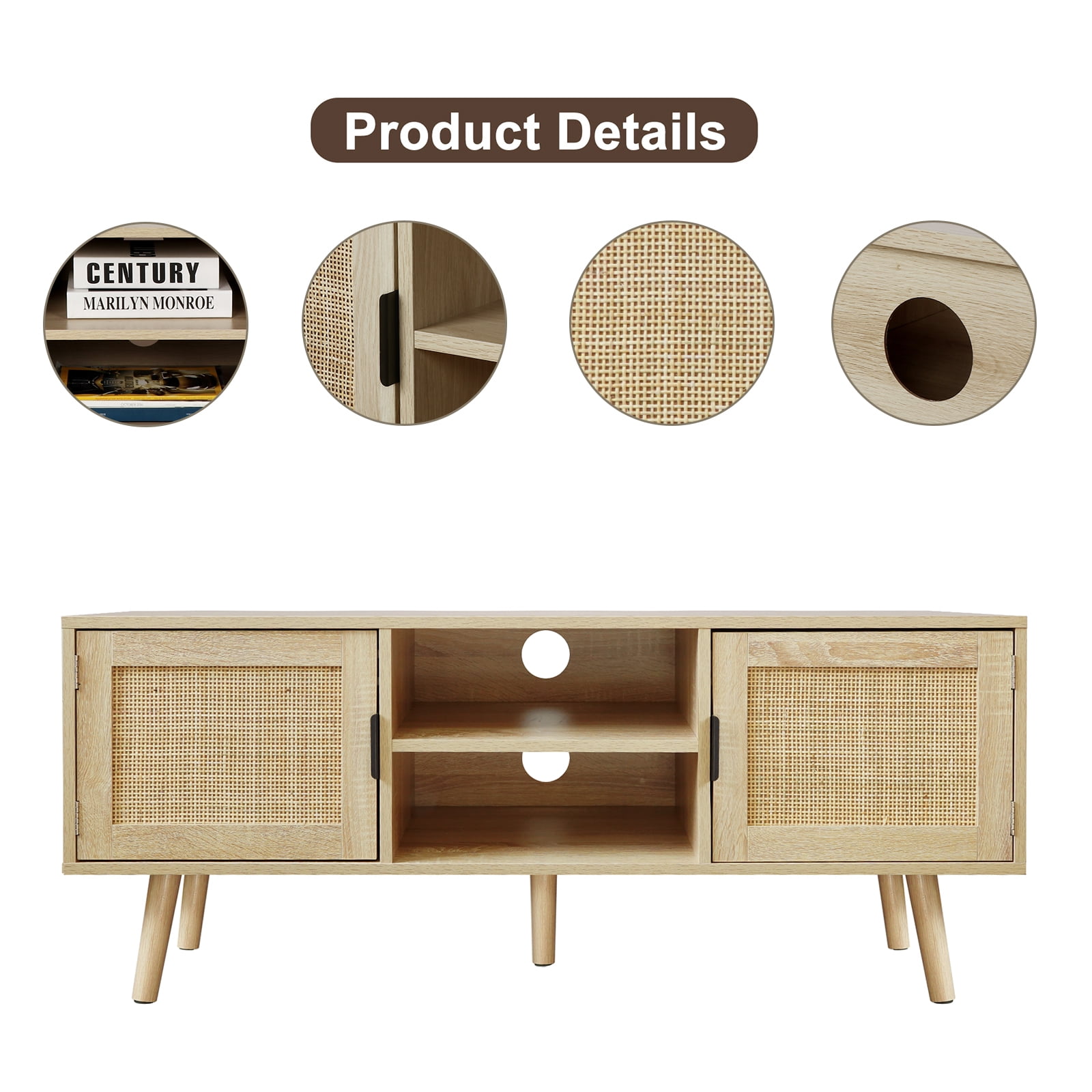 Eumyviv Farmhouse TV Stands for 55 Inch TV,Wood Media Entertainment Center Cabinet Console Table with 2 Rattan Doors, Natural Oak, H0015 - Image 6