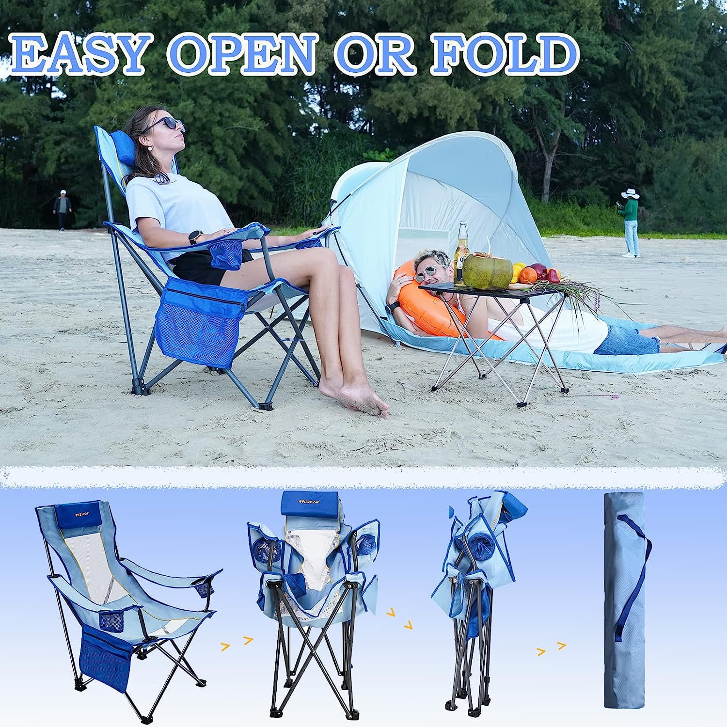 #WEJOY Folding Beach Chair High Back Camping Chairs Portable Outdoor Lawn Chairs Support up to 265lbs Blue - Image 11