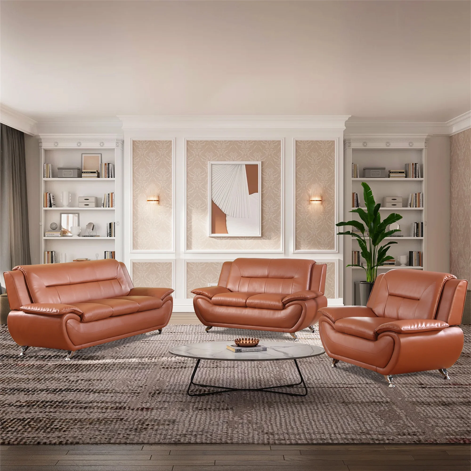 Aukfa 3 Piece Sofa Set - 79" Upholstered 3 Seat Sofa Couch for Living Room Bedroom, Leather, Orange - Image 8