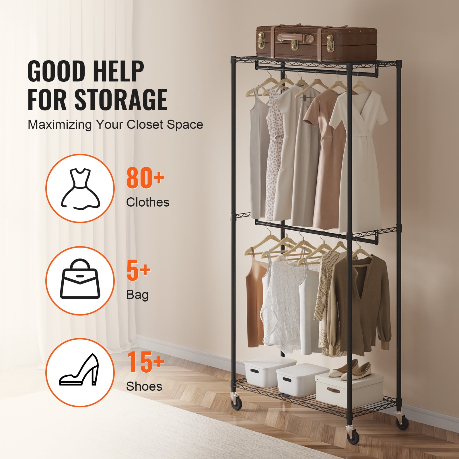 KFFKFF Sturdy Apparel Rack, Dual Rods for Garments with Upper and Lower Shelving, Mobile Wardrobe on Wheels, 1'' Thick Steel Construction Supports Up to 300Lbs - Image 2
