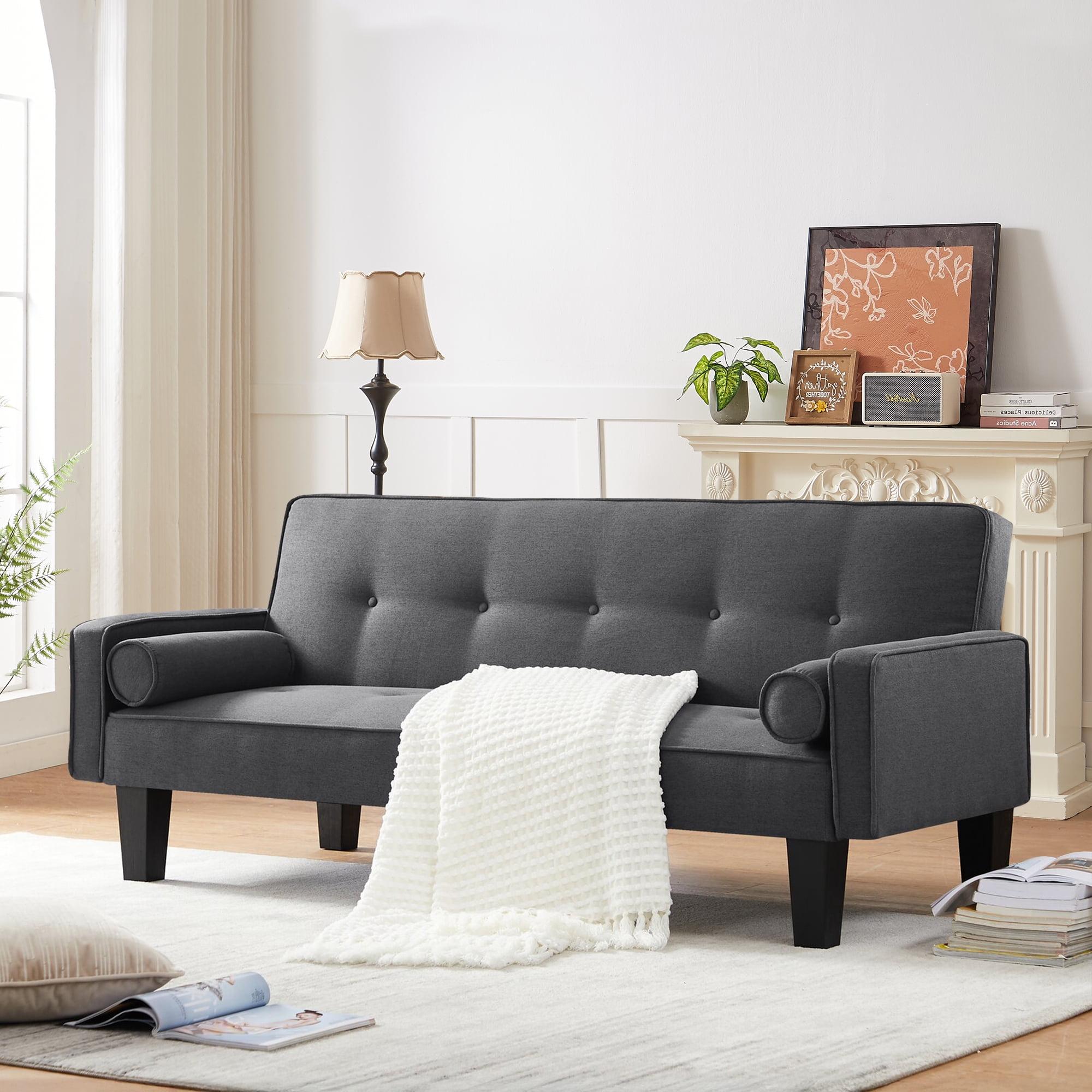 Convertible Futon Sofa Bed,Gray Upholstered Futon Couch Fabric Sleeper Sofa for Living Room Apartment - Image 4