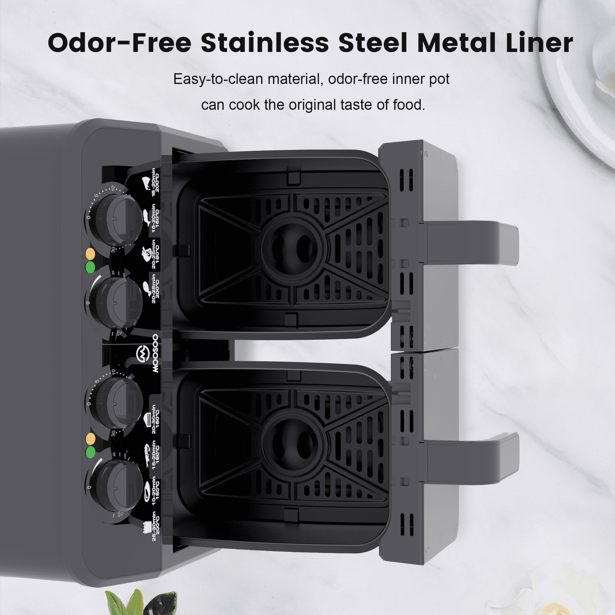 MOOSOO Dual Basket Air Fryer Oven, 6.4Qt Air Fryer, Black, New, Dishwasher Safe 2 Nonstick Basket - Image 4