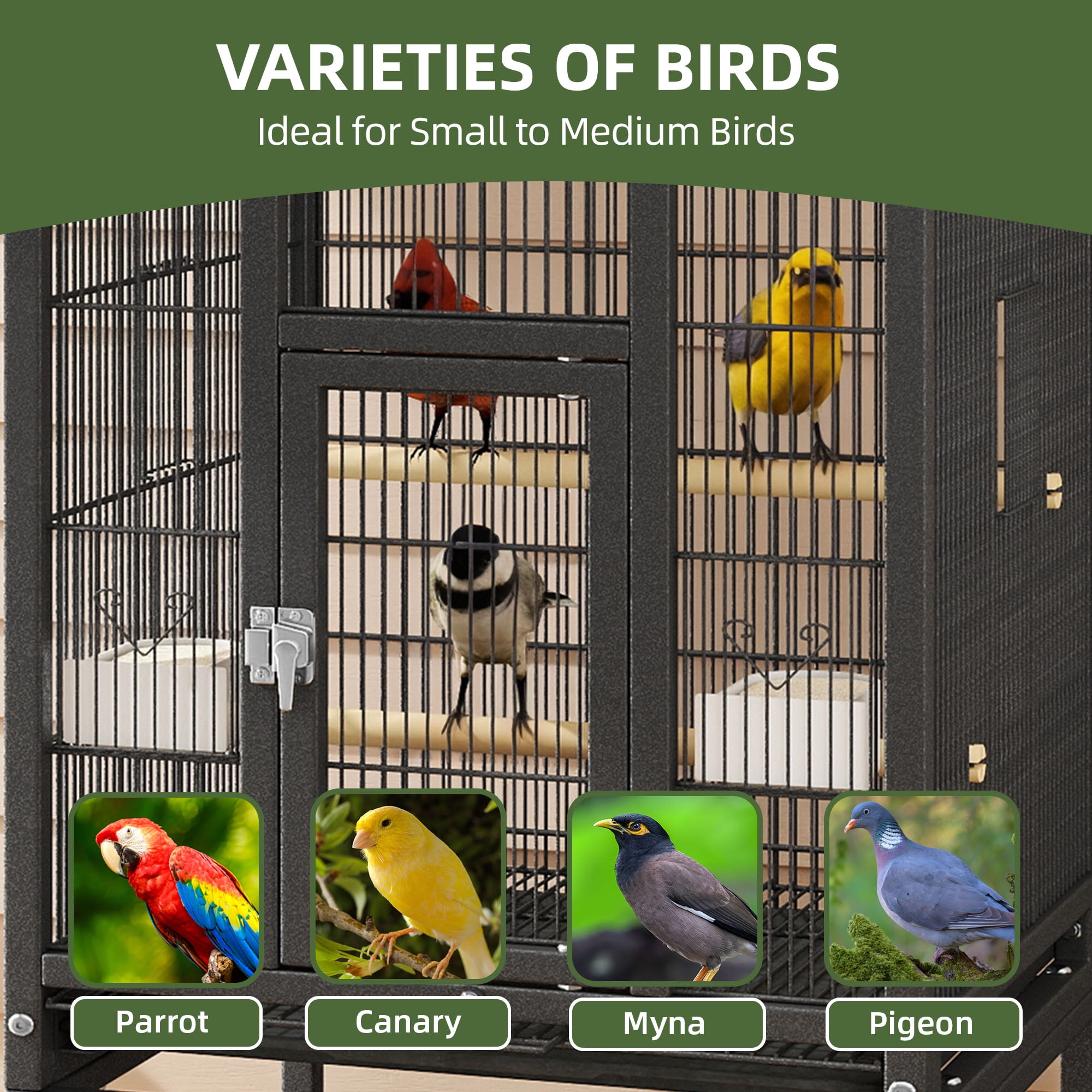 Uforic 41" Metal Birdcage with Rolling Stand and Castor Wheels, Large Parrot Cage with 2 Perches and 2 Feeders, Spacious Storage Tray, Black - Image 4