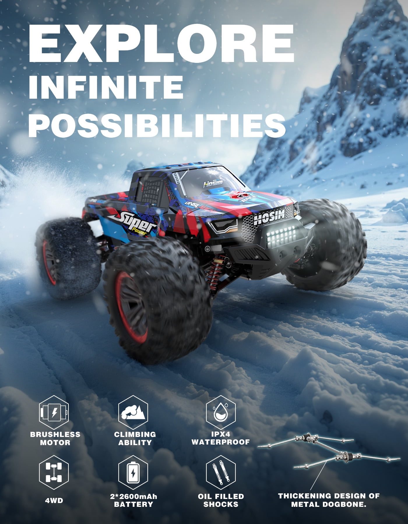 Hosim Brushless RC Cars 1:10 Remote Control Car X-08 RC Monster Trucks Buggy Crawler 4WD Off Road High Speed 40+MPH - Image 3