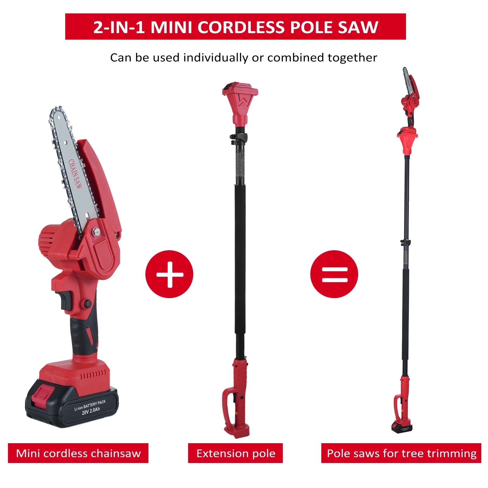 CACAGOO 20V 6inch/8inch Cordless Pole Saw Height Adjustable Electric Chainsaw with 2 batteries for Wood Cutting, Trimming - Image 2