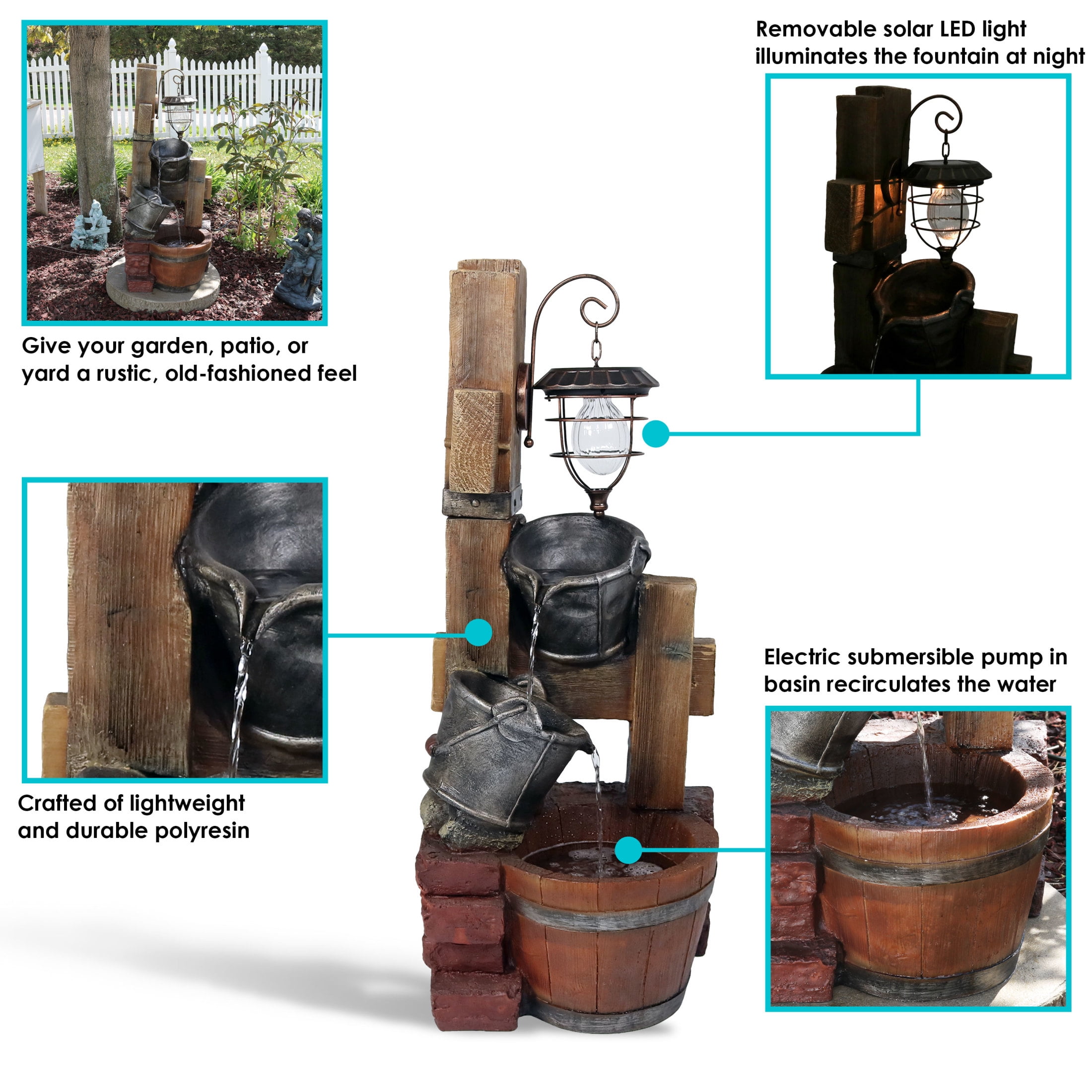 Sunnydaze Rustic Pouring Buckets Polyresin Outdoor Water Fountain with Light - Image 4