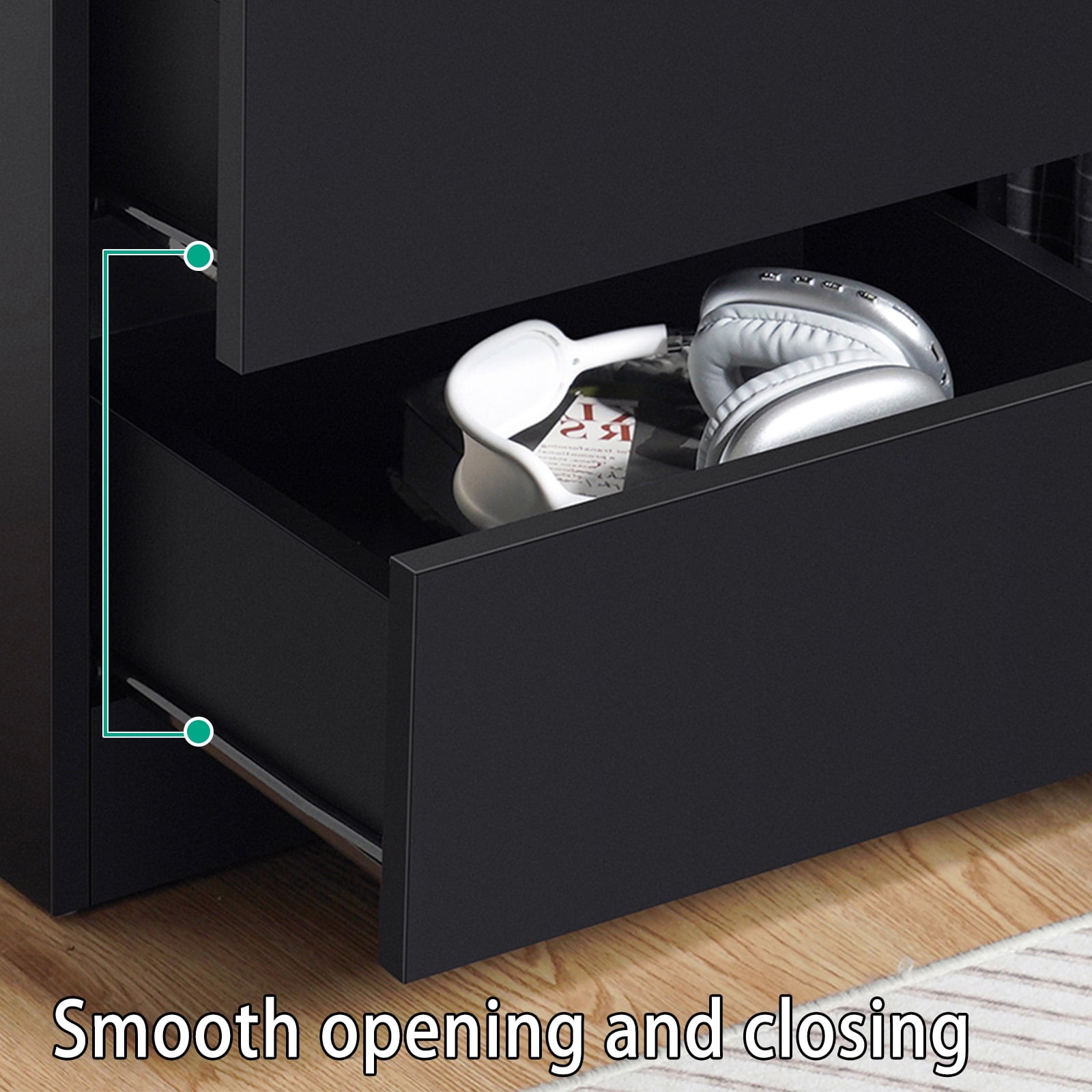 Hommpa 2 Drawers Nightstand for Bedroom, Bedside End Table Organizer, Wooden Black Finish 17.72" x 13.78" x 18.51" - Image 3