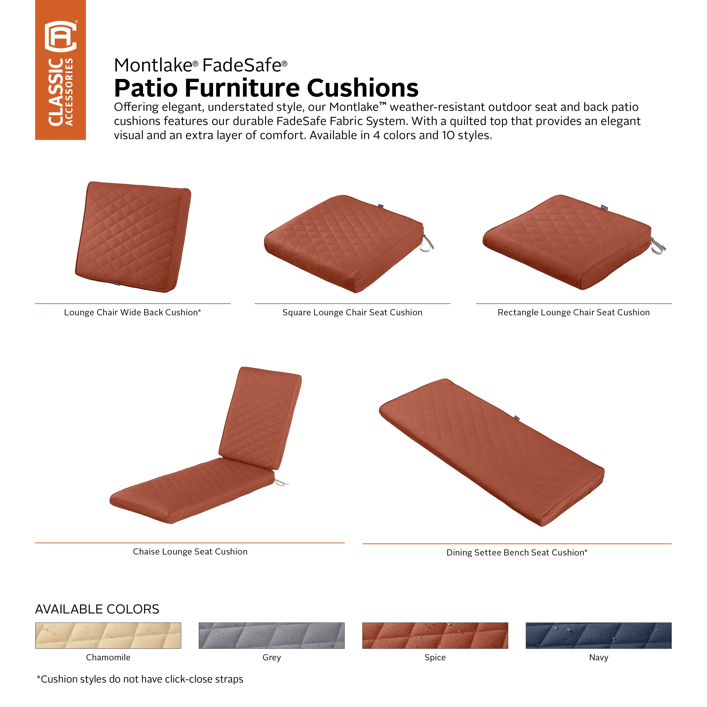 Classic Accessories Montlake FadeSafe Water-Resistant Patio Chaise Quilted Cushion, 80 x 26 x 3 inch, Spice - Image 7