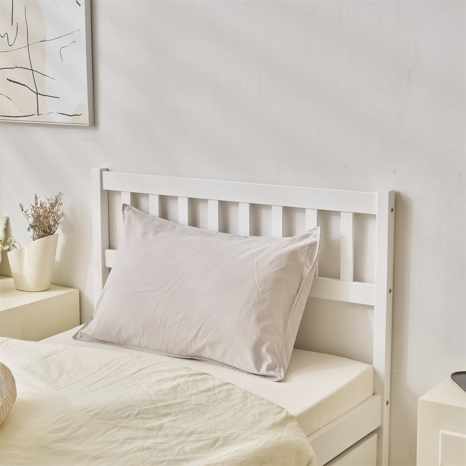 Zimtown Twin Bed with Trundle, Solid Wood Bed Frames with Headboard and Wooden Slats Support, Twin Trundle Bed Frame Roll Out, White - Image 7