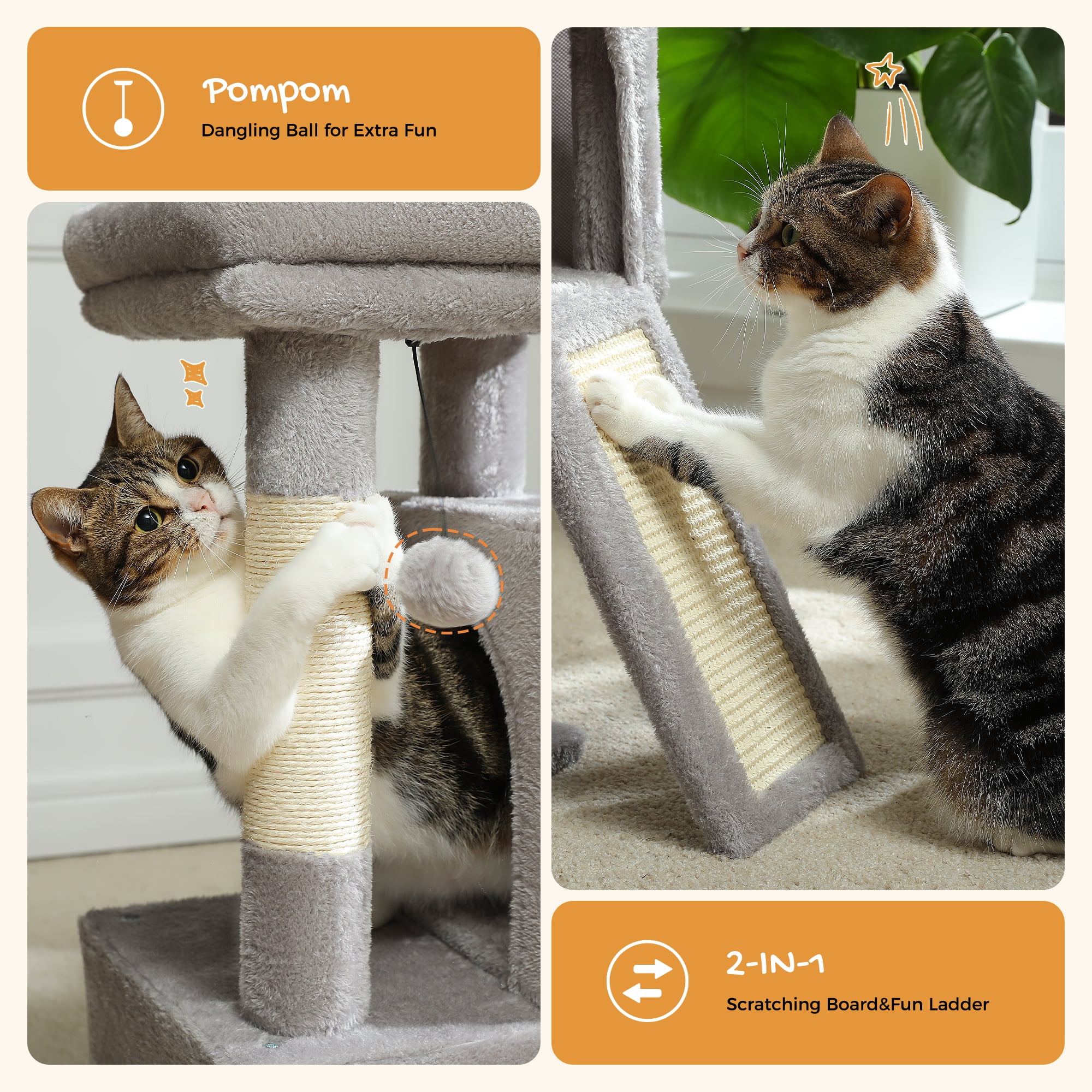 PAWZ Road 30" Cat Tree Condo with Sisal Scratcing Post Tower Ramp for Indoor Catss, Gray - Image 4