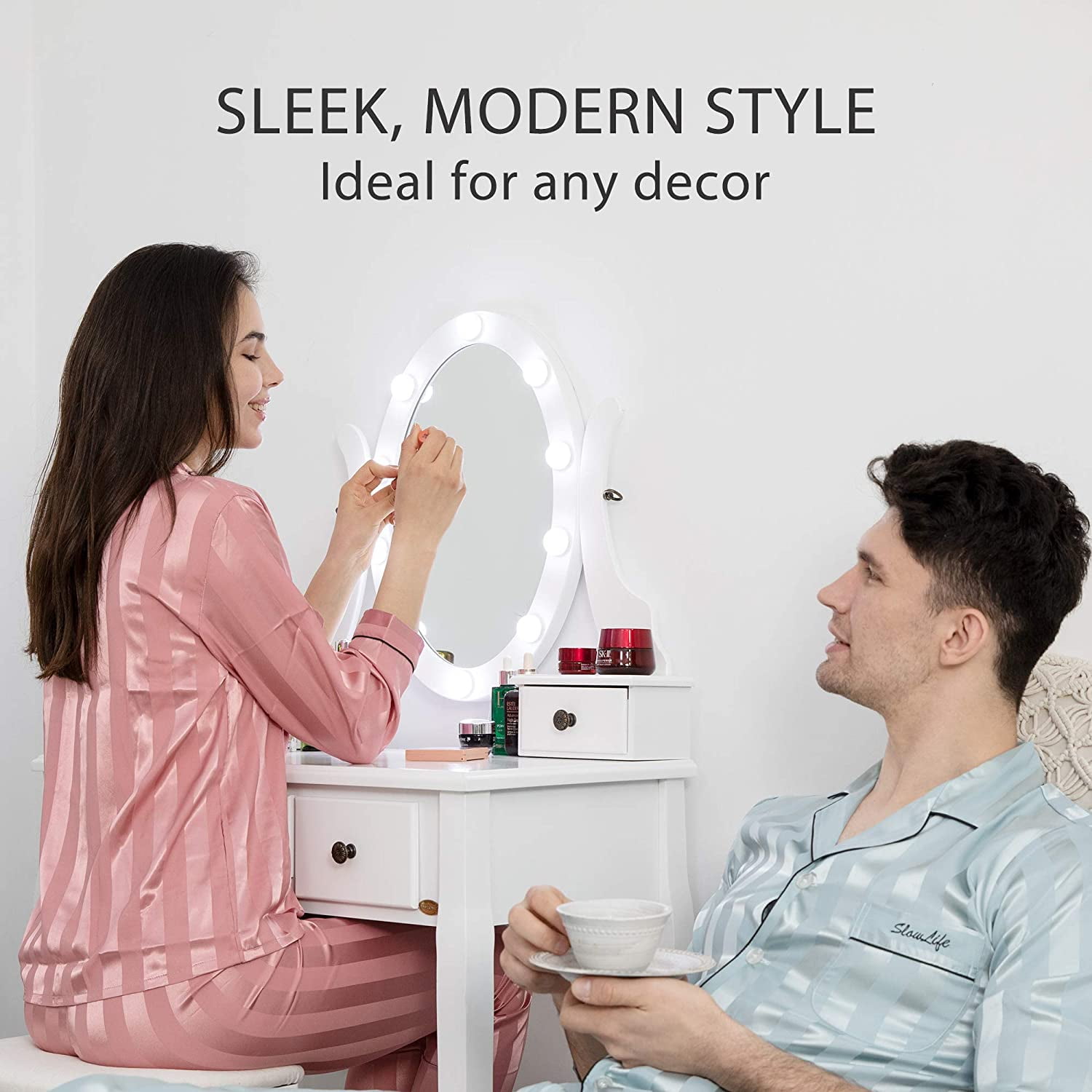 SPECSTAR Makeup Vanity Set with 10 Dimmable LED Bulbs, Dressing Table with 360° Rotating Lighted Mirror and Cushioned Stool, White - Image 4