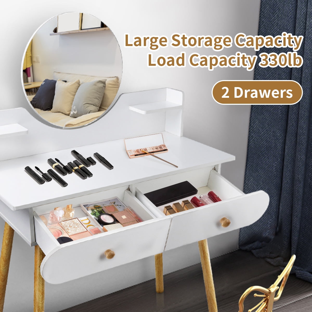 Liyufly Modern White Vanity Desk with Mirror, Solid Wood Makeup Vanity Dressing Table for Women Girls (Without Stool and LED) - Image 4