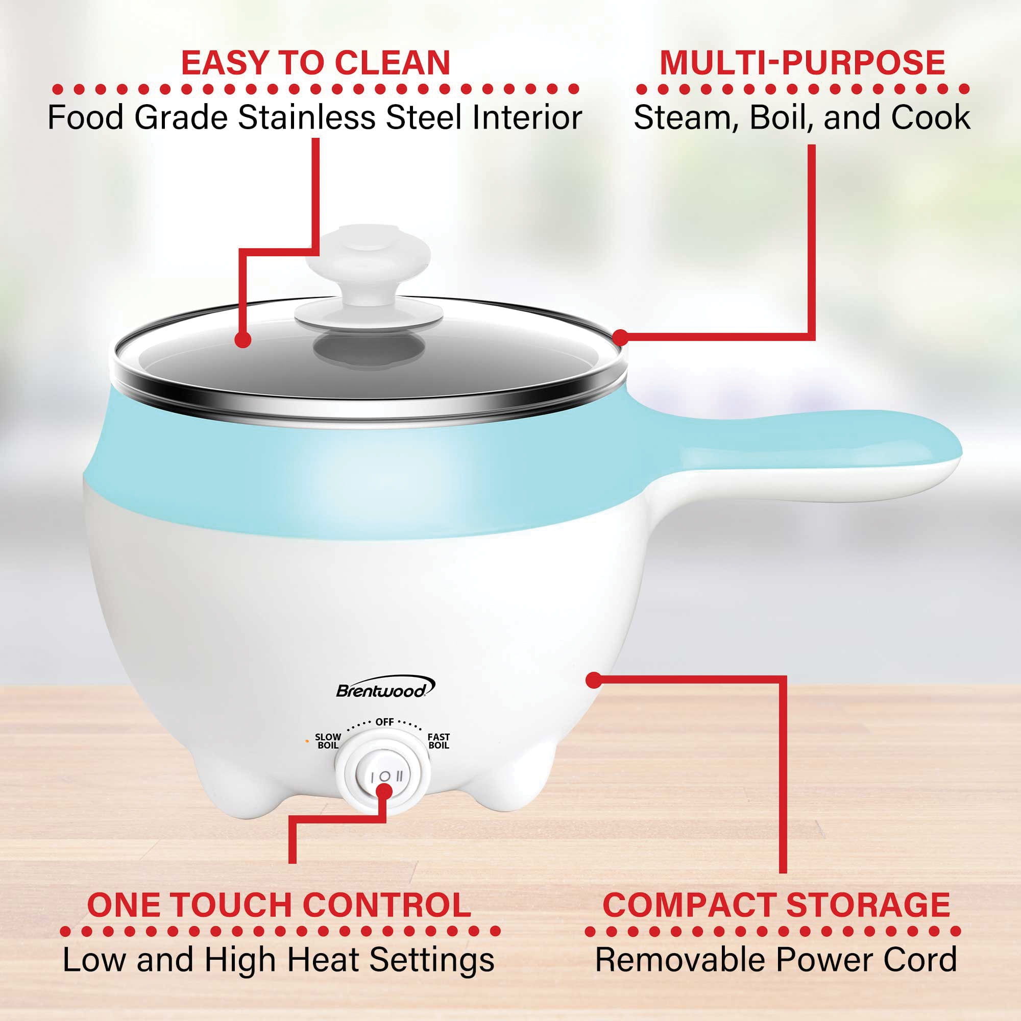 Brentwood HP-3015BL 1.6-Qt. 600-Watt Stainless Steel Electric Hot Pot Cooker and Food Steamer with Swivel Base - Image 5