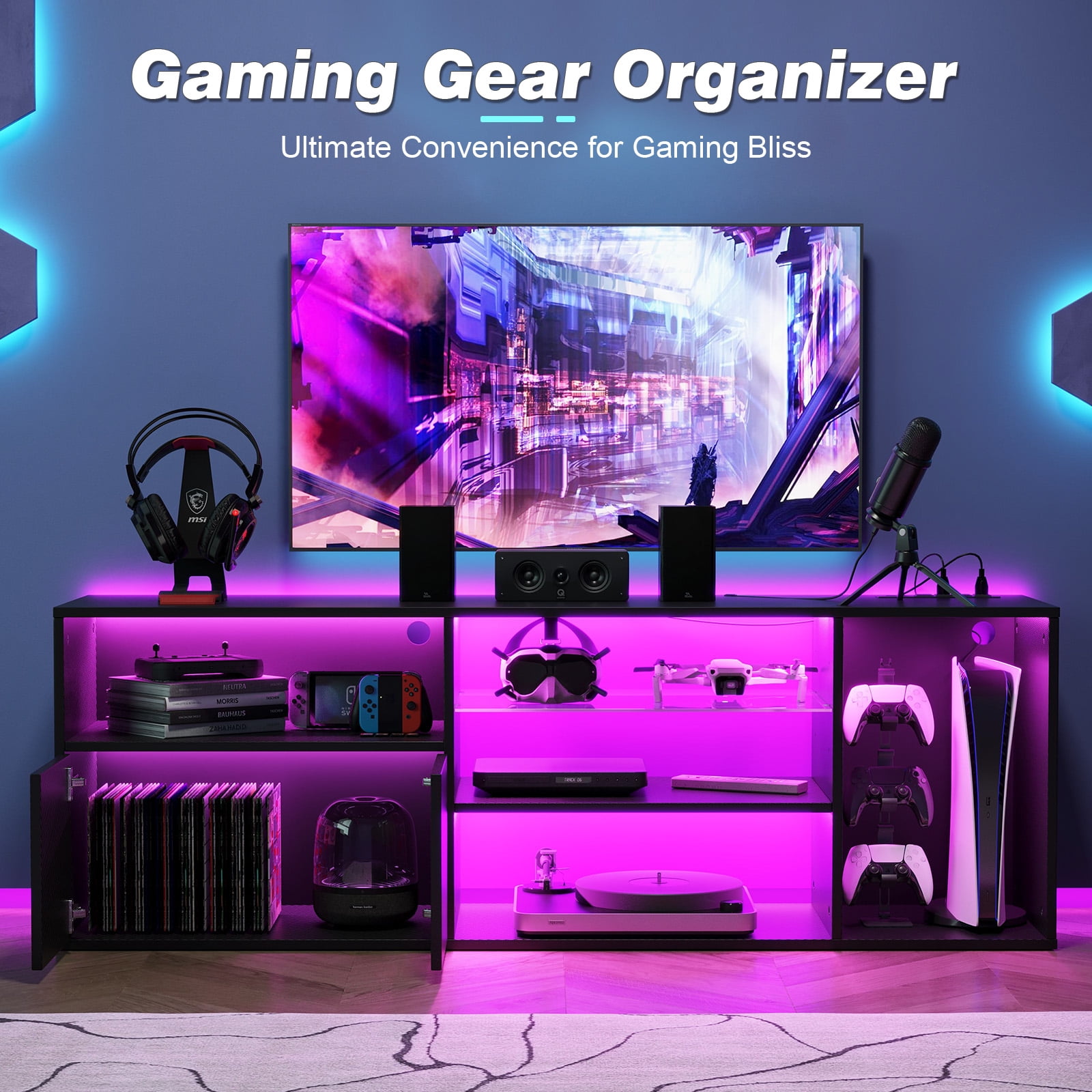 TV Stand for Living Room, Entertainment Center for TVs up to 65 inch, TV Console Table with Adjustable Shelves, Carbon fiber - Image 7