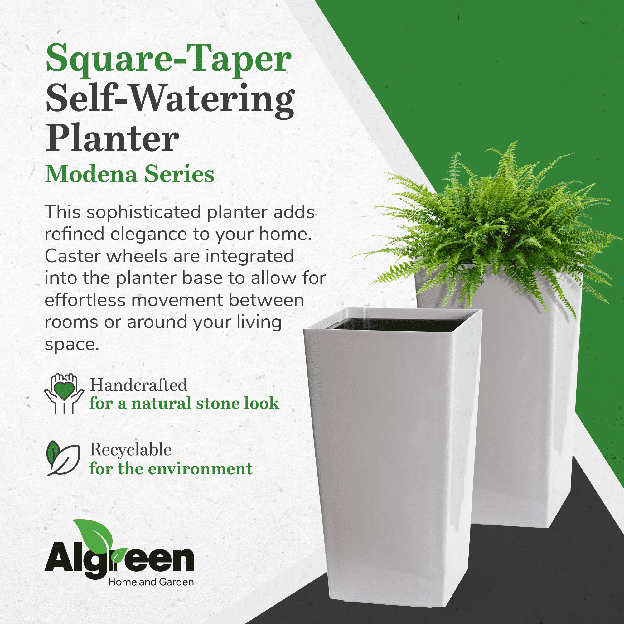 Algreen Modena Sq Self-Watering Planter w/ Water Level Guide, Glossy White - Image 2