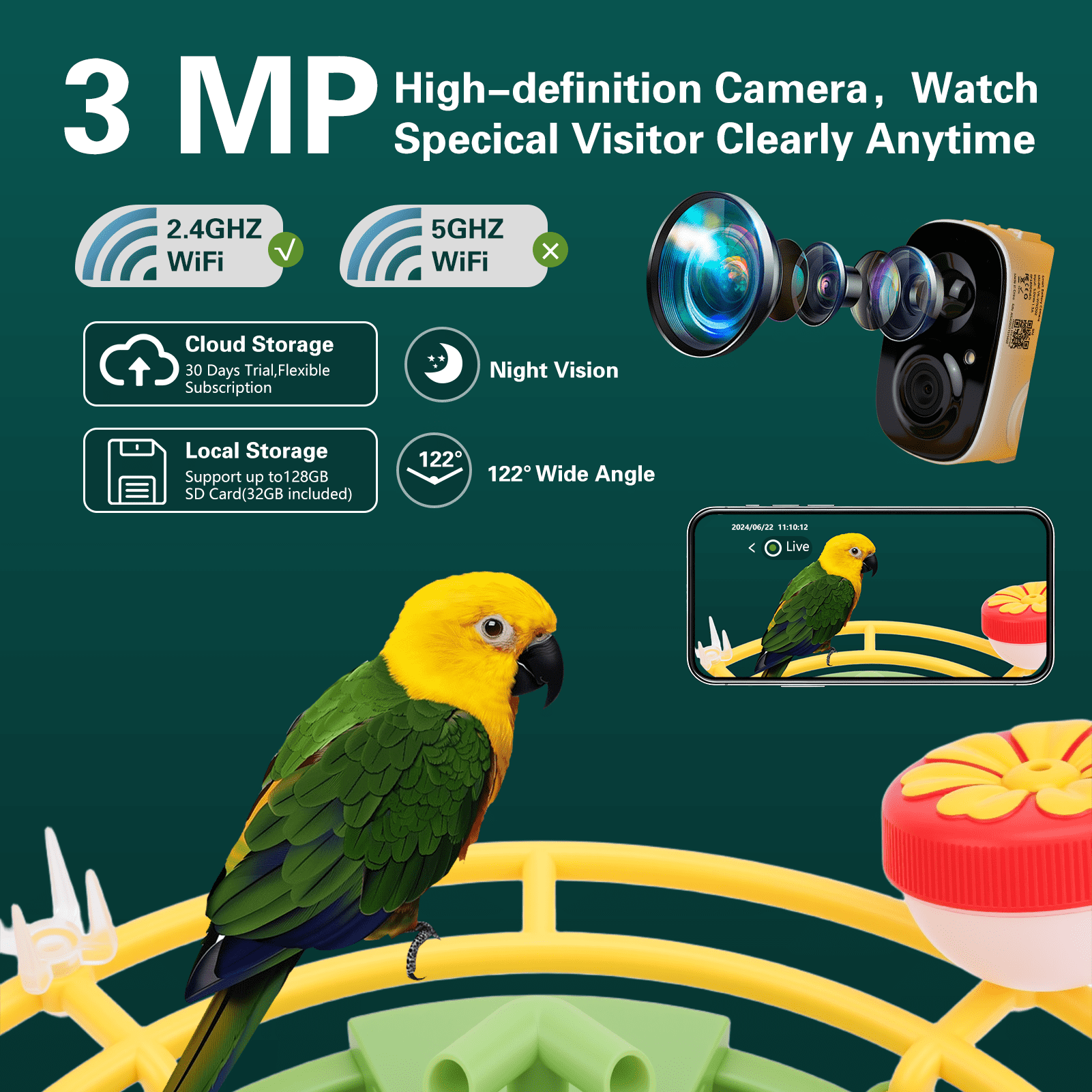 Smart Bird Feeder with Camera & Bird Bath,Bird Watching Camera with Motion Detection & Solar Panel,Waterproof, 2K Live View,Ideal Present for Bird Lover,Yellow - Image 4