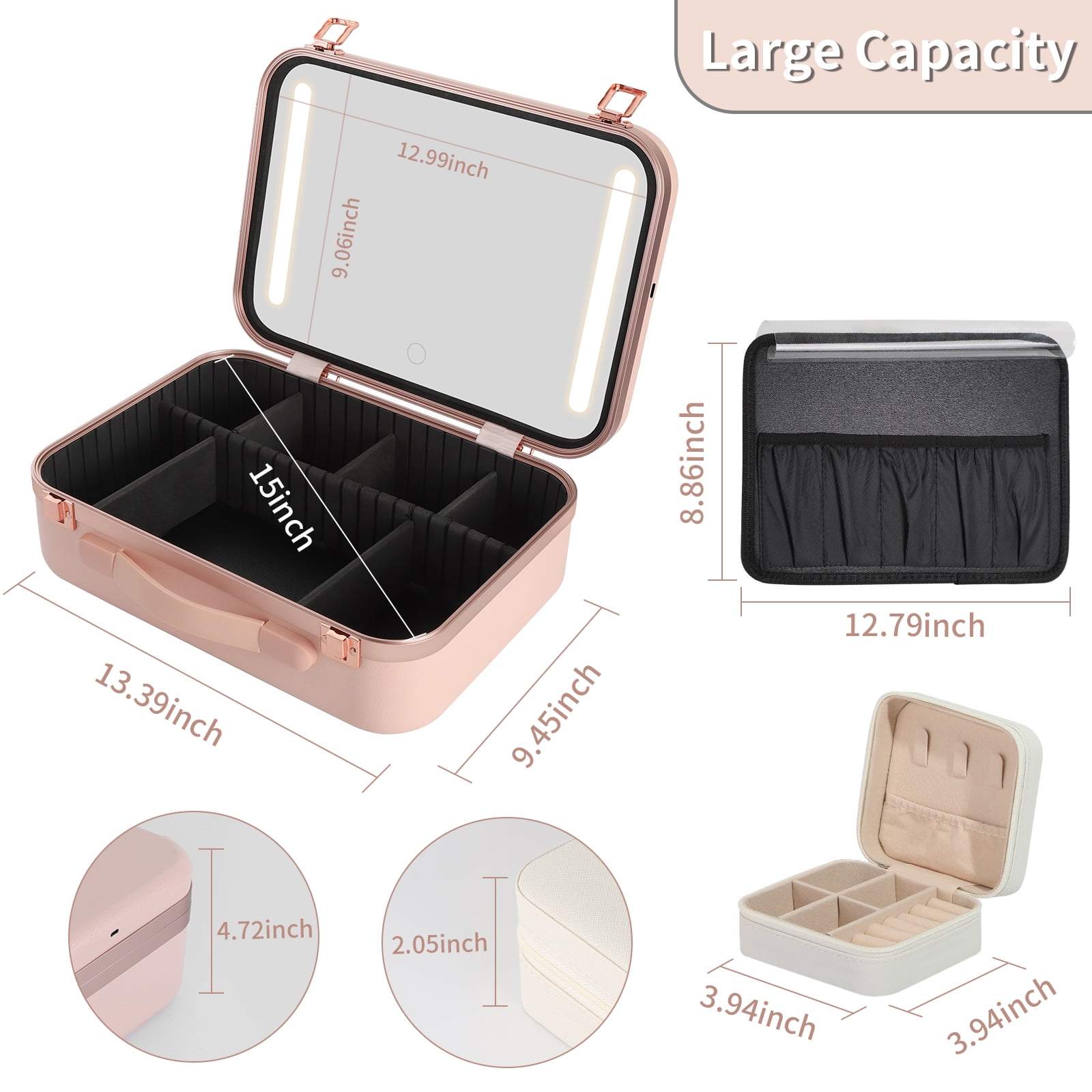 ZXMT 15" Pink Makeup Train Case with Mirror & Light & Jewelry Organizer Cosmetic Case Box with Brushes Board - Image 2