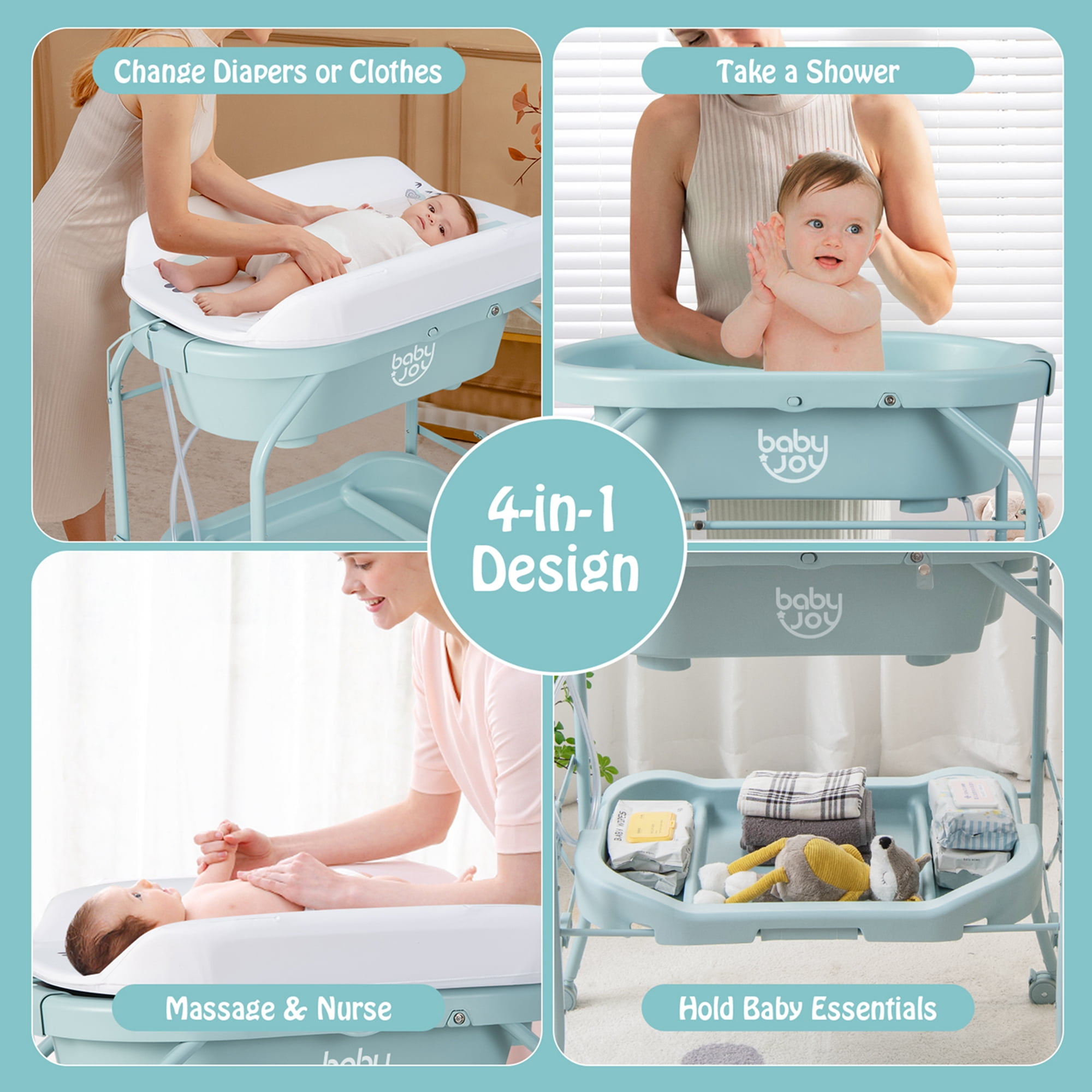 Babyjoy Changing Table with Bathtub Folding Portable Diaper Station Steel 0-12 Months PP Blue - Image 2