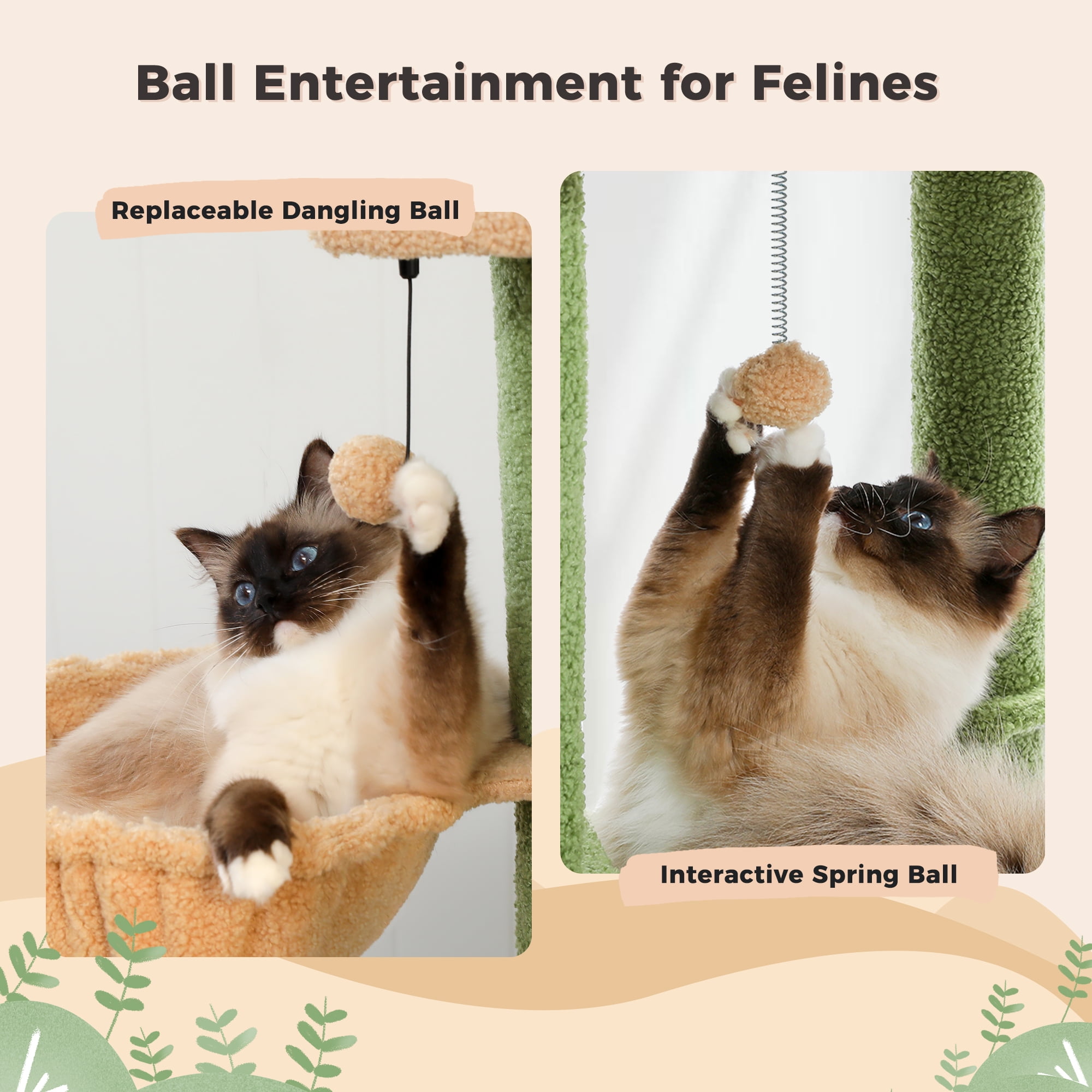 PAWZ Road 85-112" Cactus Cat Tree Floor to Ceiling Adjustable Climbing Cat Tower Scratching Post 2-Hammocks, Green - Image 8