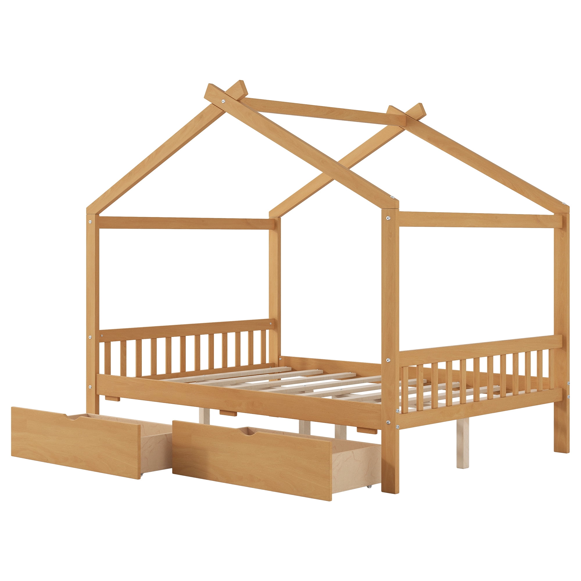 EUROCO Full Size House Bed with Two Drawers for Kids, Solid Wood Platform Bed for Living Room, Natural - Image 2