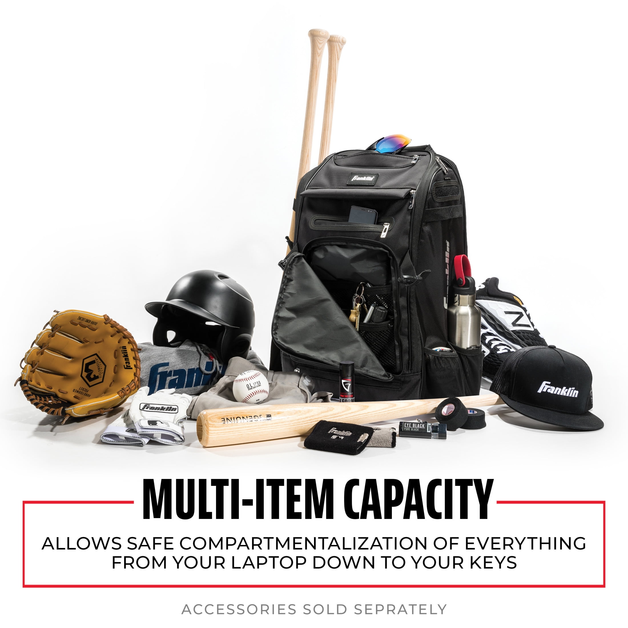 Franklin Sports MLB Traveler Elite Baseball Backpack - Adult + Youth Baseball Bag - Black - Image 3