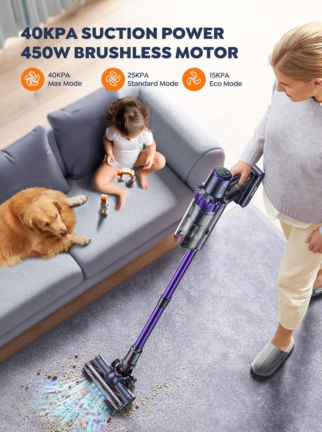 Buture VC70 Cordless Stick Vacuum Cleaners 55mins 450W 40KPa with Touch Display Powerful Lightweight Vacuum Cleaner for Carpets Floors Pet Hair Home - Image 4