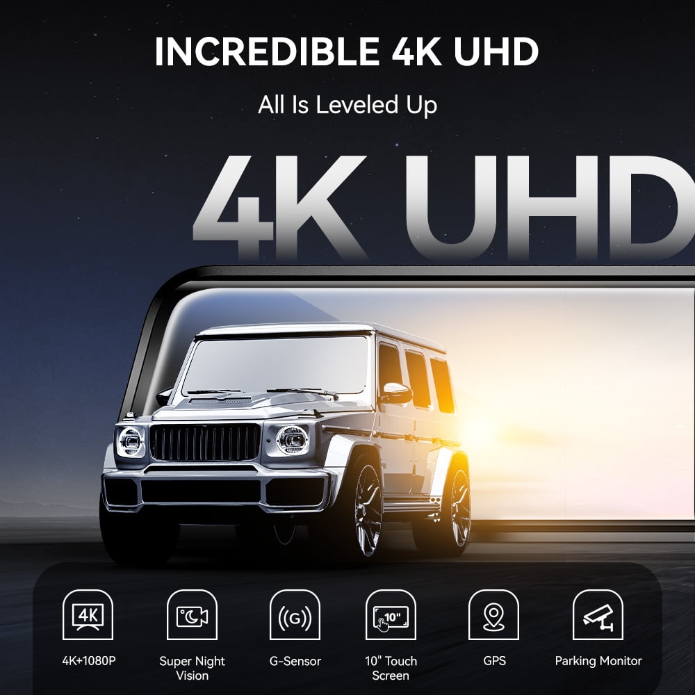 WolfBox 10" Touch Screen Dash Cam Front and Rear, 4K+1080P Rear View Mirror Backup Car Camera with Night Vision, GPS, Free 64GB Card - Image 3