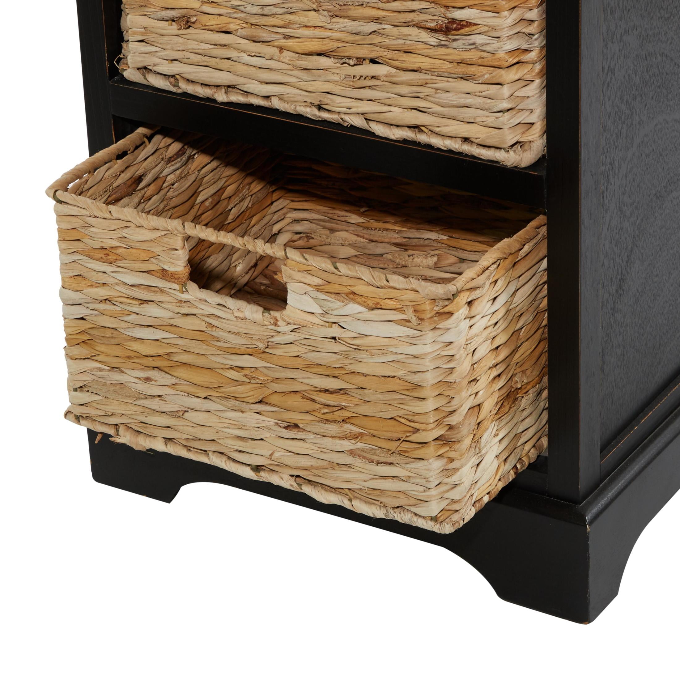 DecMode 16" x 28" Black Wood 1 Drawer Storage Unit with 2 Wicker Basket Drawers, 1-Piece - Image 9