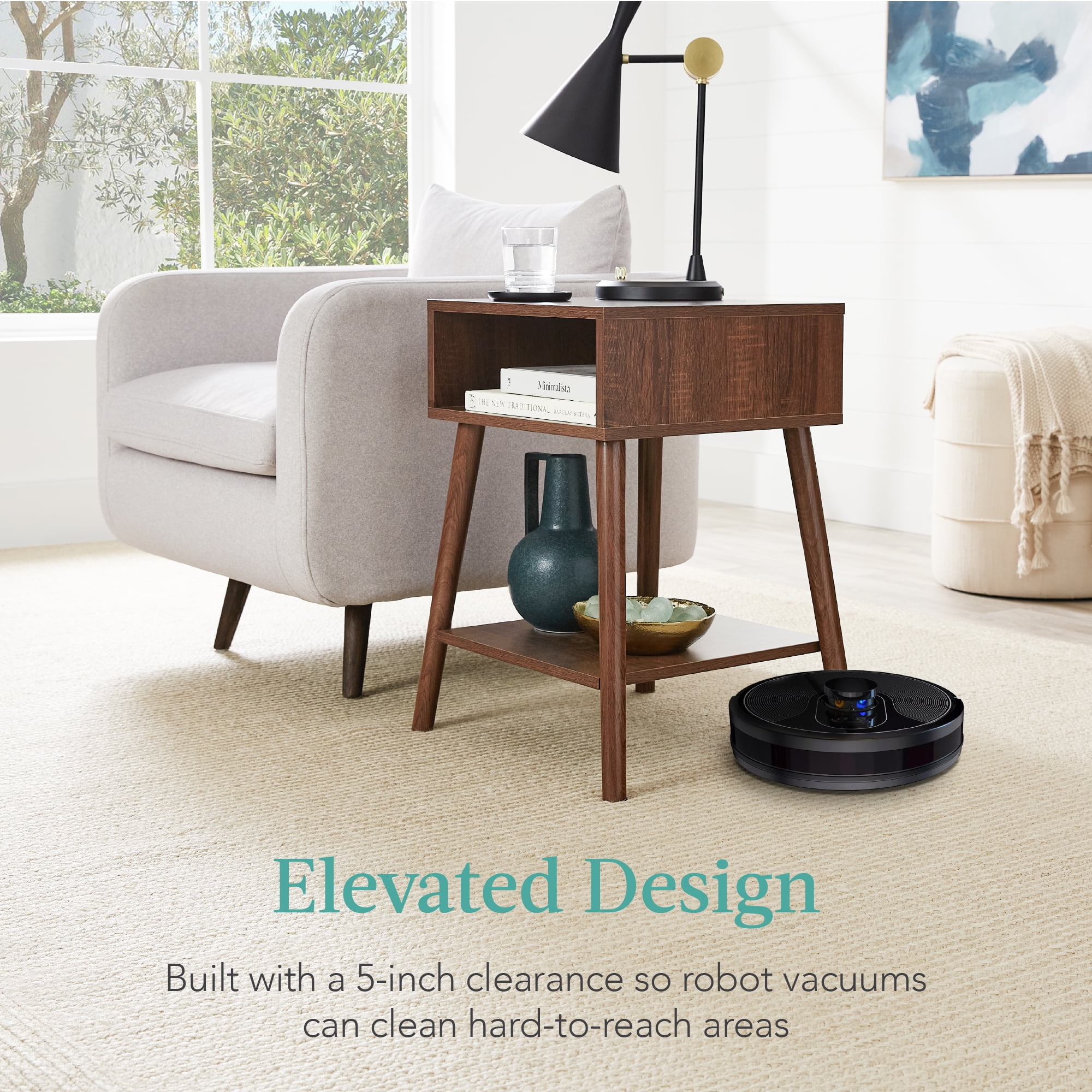 Best Choice Products Set of 2 Mid-Century Modern End Tables w/ Cubby Storage, Lower Shelf, Offset Legs - Walnut - Image 2