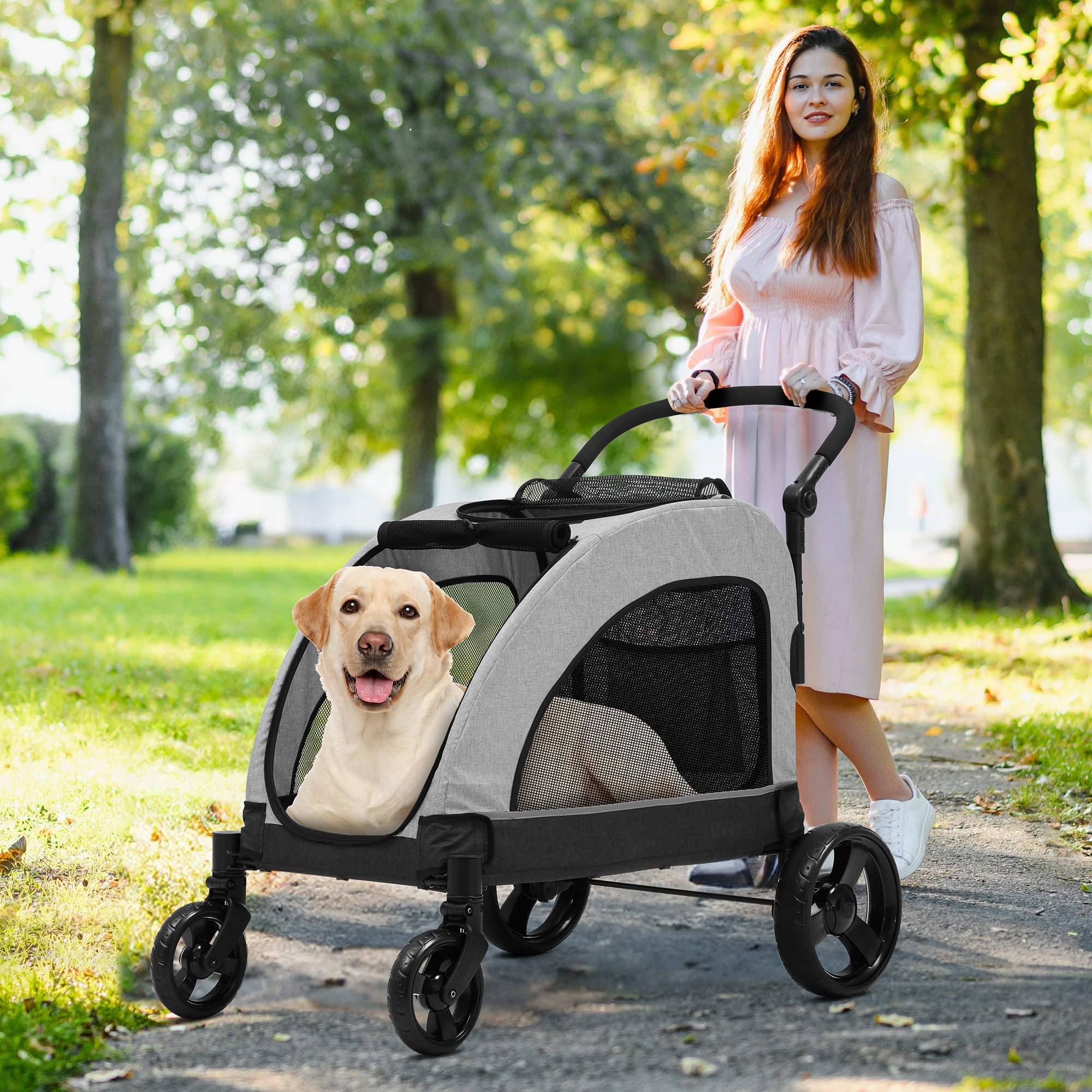 Uforic Foldable Dog Stroller, 4-Wheel Pet Stroller with Dual-Entry, Adjustable Handle for Large Dogs, Outdoor Adventure Pet Carrier Jogging Stroller, Gray - Image 7