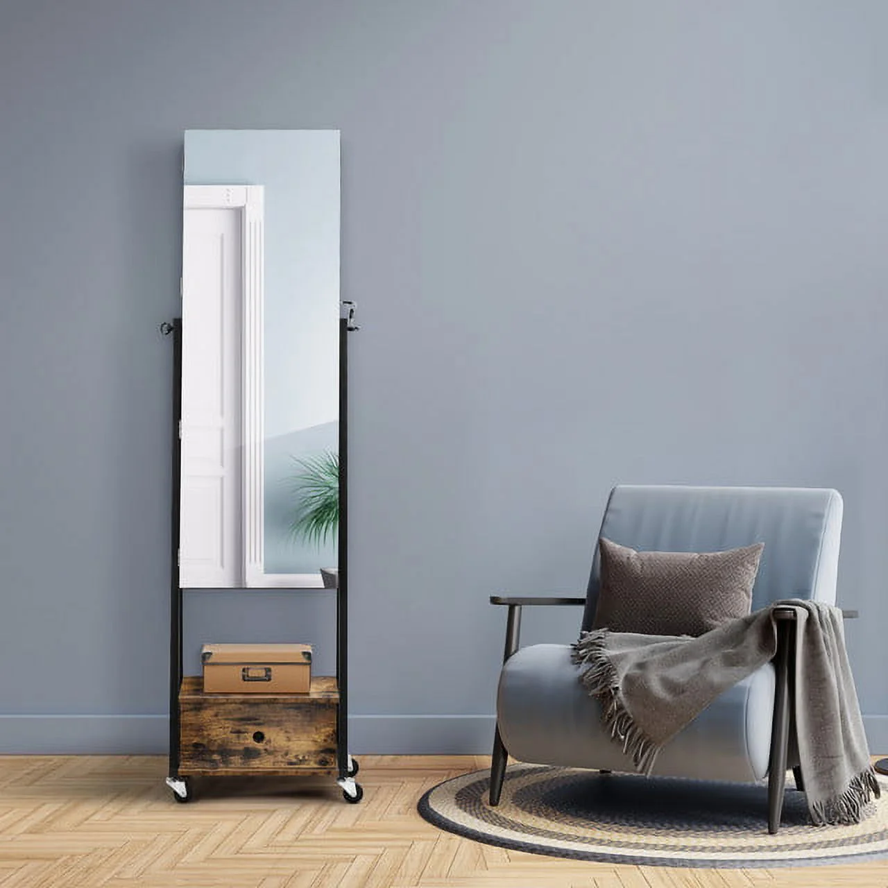 Oumilen Jewelry Armoire on Casters with Chest Drawer in Burnt Wood Brown for Adults - Image 5