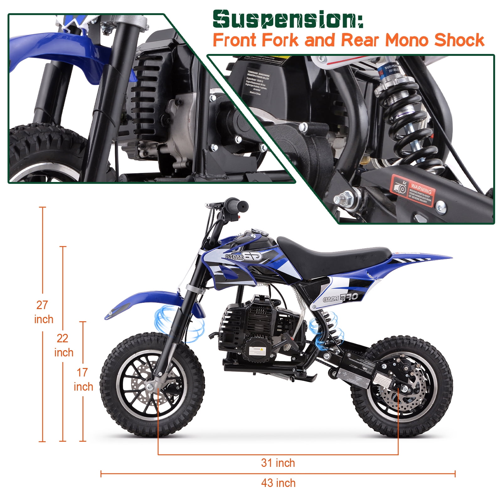 Kids Mini 50CC Gas Dirt Bike, DB1 Model 2 Stroke Ride on Bike with Off-Road Tire, Shocks, Pull Start, Oil Mixed Required, Support Up to 165lbs - Blue - Image 7