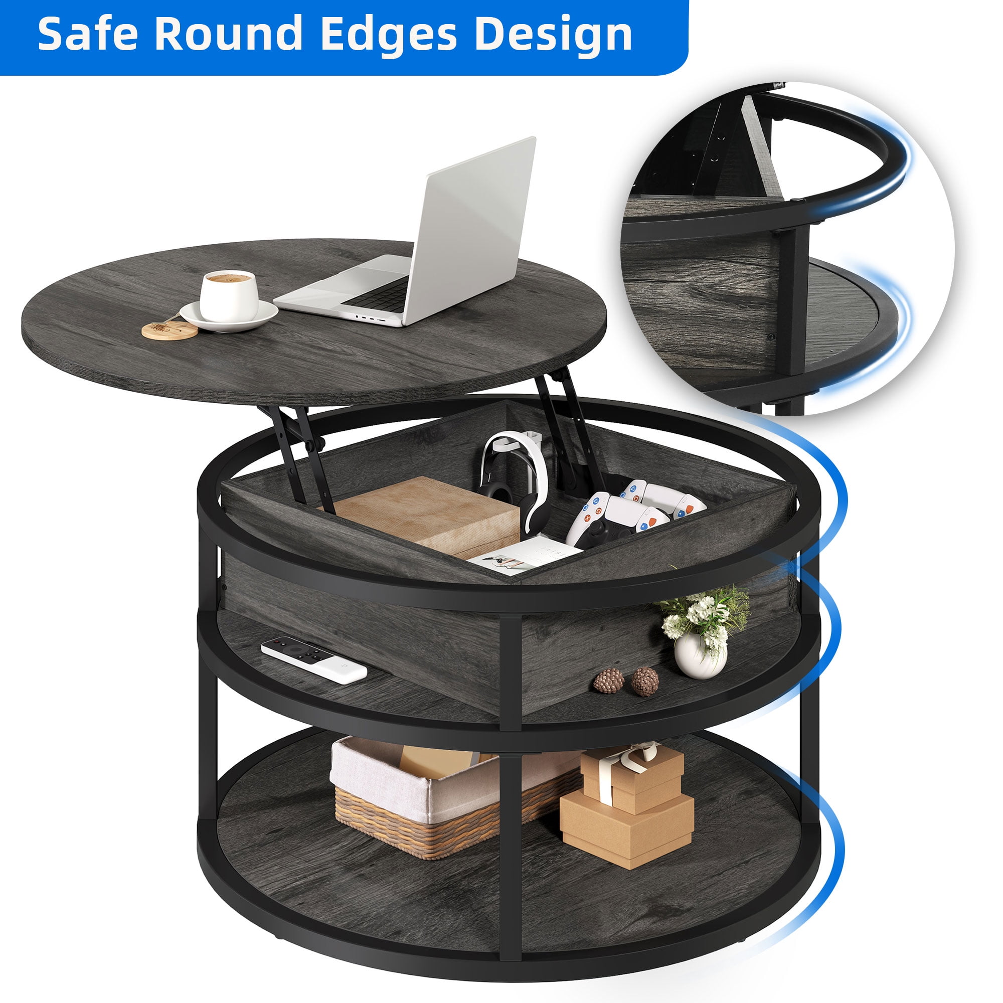 Dextrus Modern Lift Top Coffee Table with Storage, Round Center Tables for Living Room, Home Office, Gray - Image 3