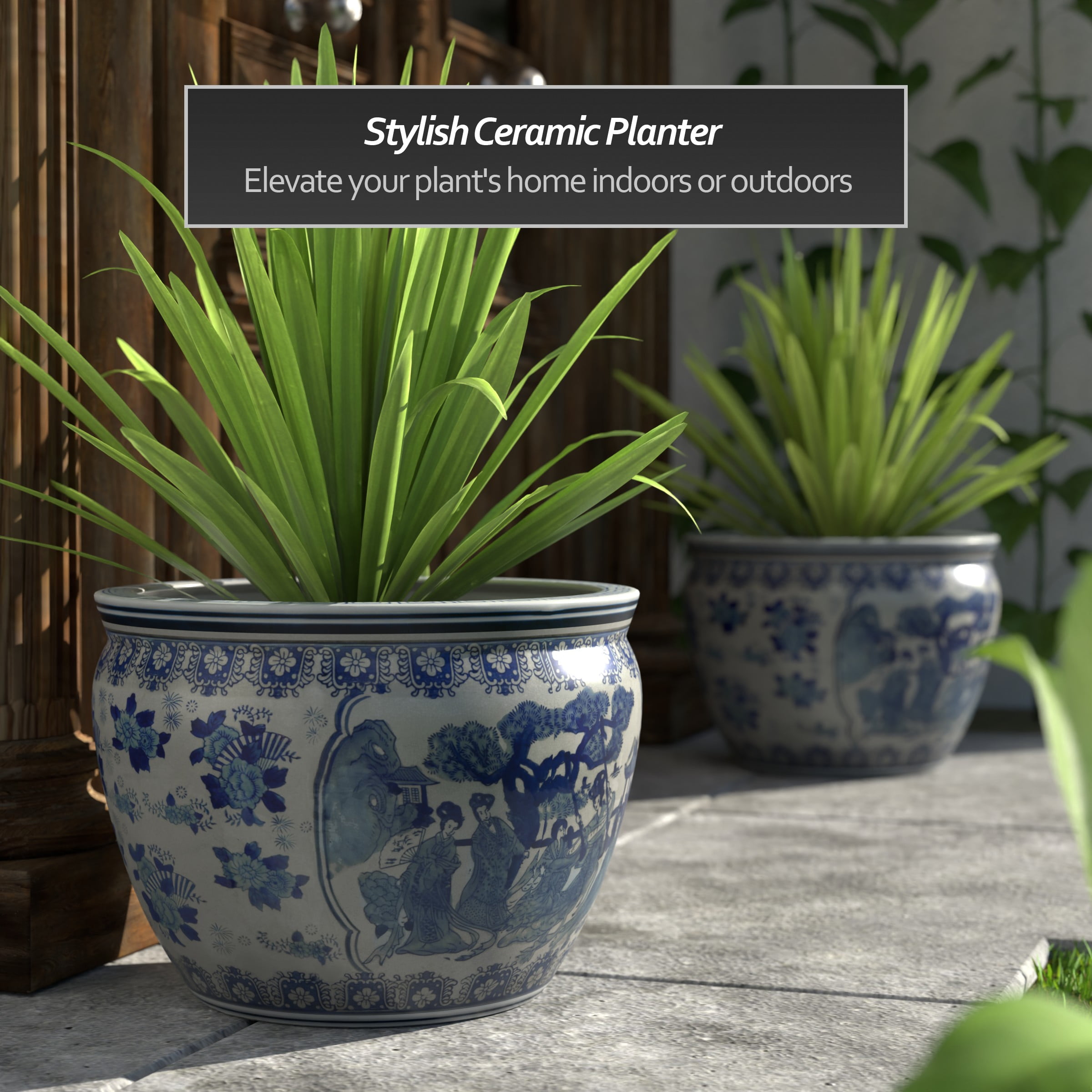 Red Lantern Large 18" Ladies Blue & White Porcelain Fishbowl Planter - Image 4