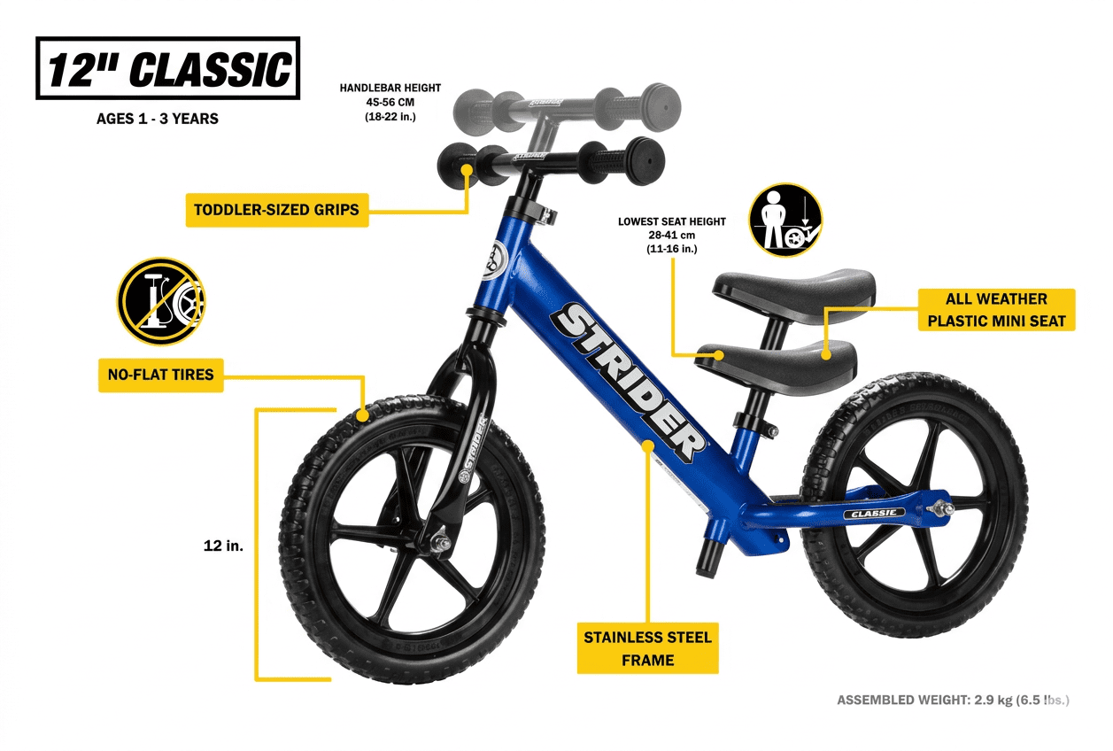 Strider 12 Classic Bike, Blue - No Pedal Balance Bicycle for Kids 1 to 3 Years - Image 4