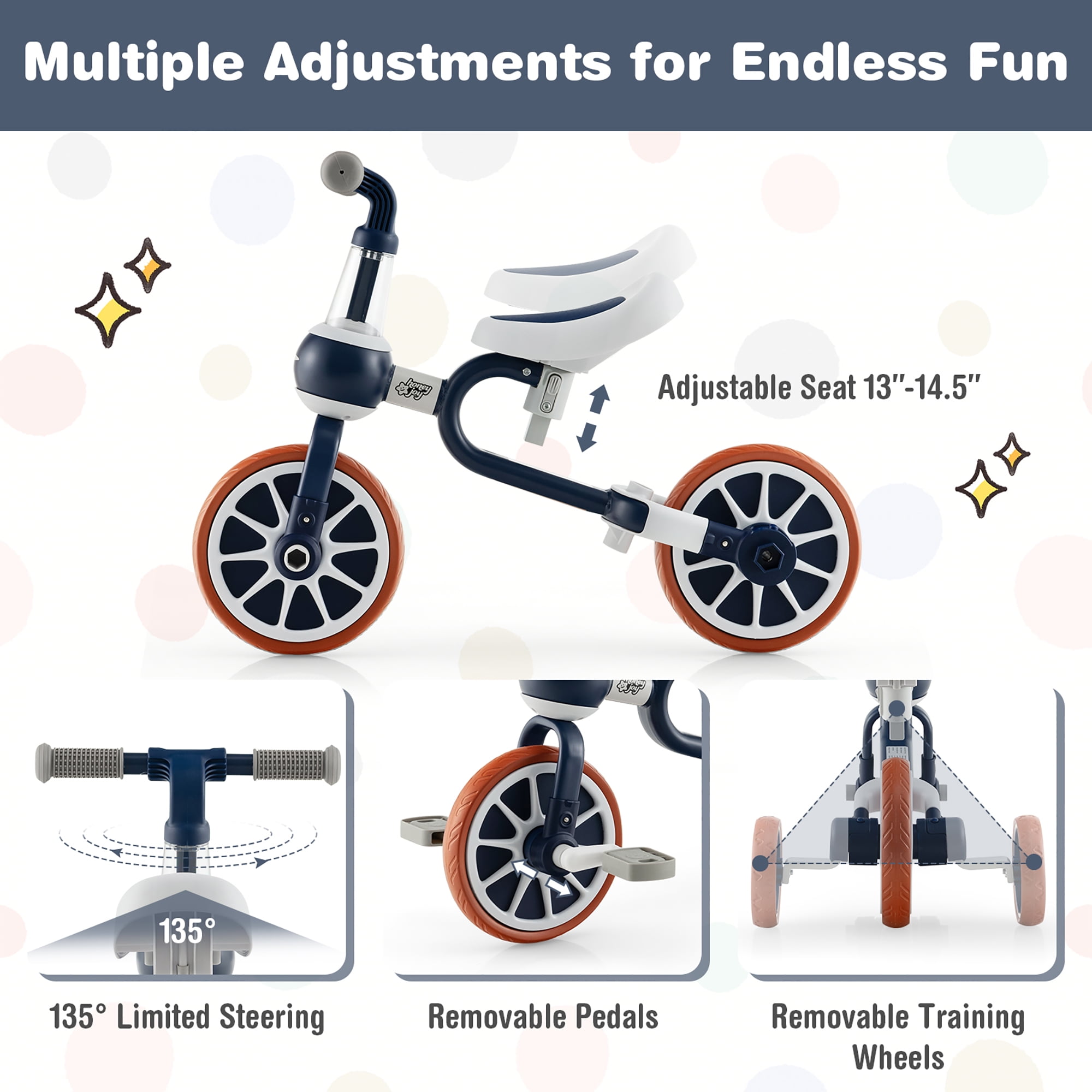 Honeyjoy 4 in 1 Kids Tricycles with Push Handle & Training Wheels Baby Balance Bike Navy - Image 6