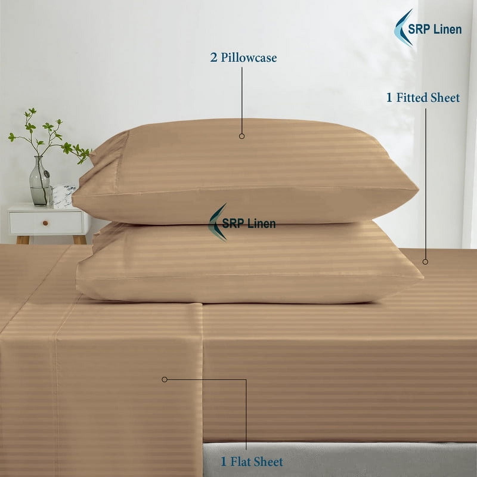 600 Thread Count 4 Piece Quality Sheet Set 24 Inch Deep Pocket 100% Egyptian Cotton Color Taupe Stripe Size Queen - Image 5