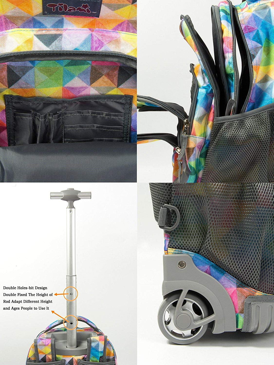 Tilami Colorful Geometric Print Rolling Backpack 18 Inch Wheeled Backpack - Image 4