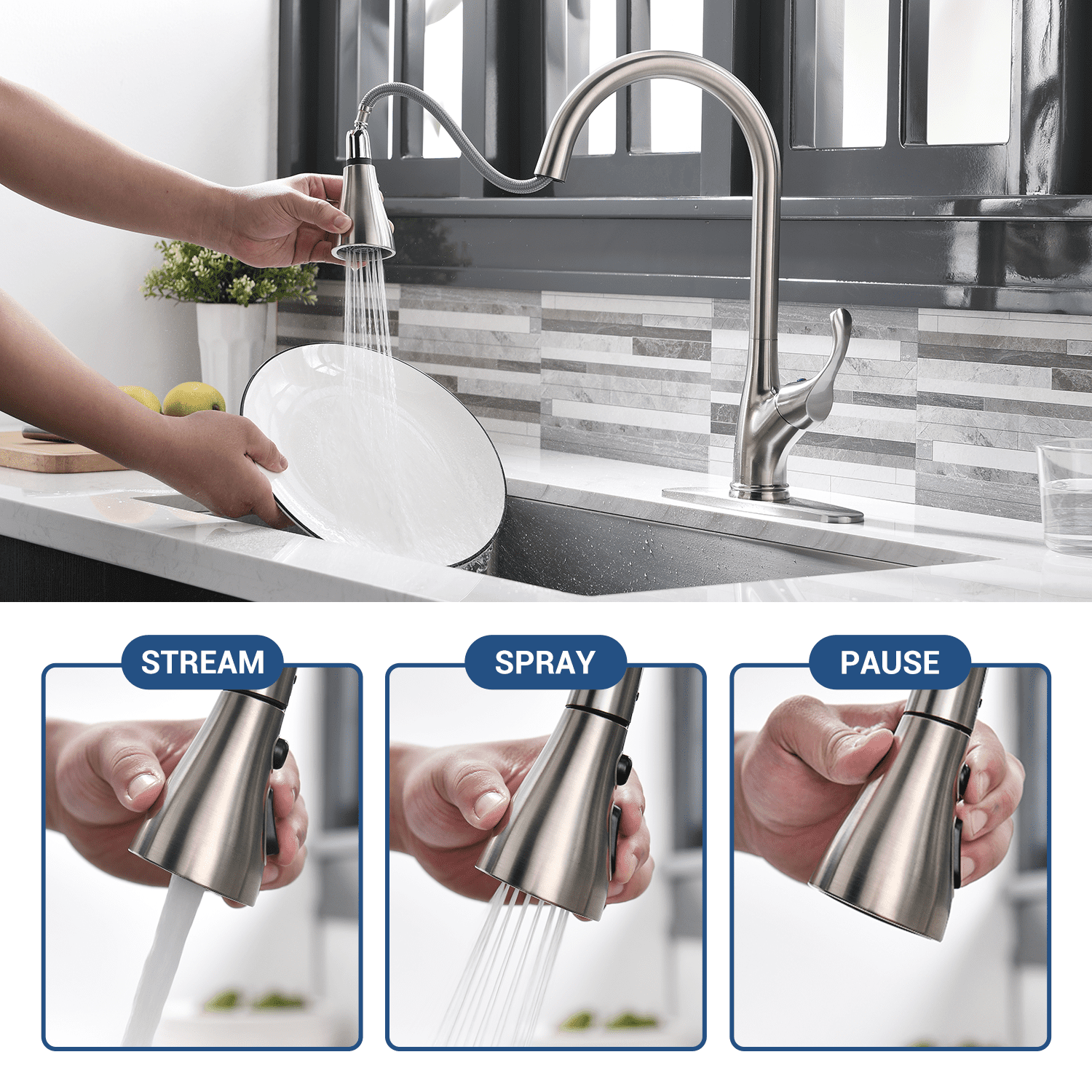 Appaso Pull Down Kitchen Faucet with Sprayer Stainless Steel Brushed Nickel - Single Handle Commercial High Arc Pull Out Spray Head with Deck Plate, Grifos De Cocina - Image 10