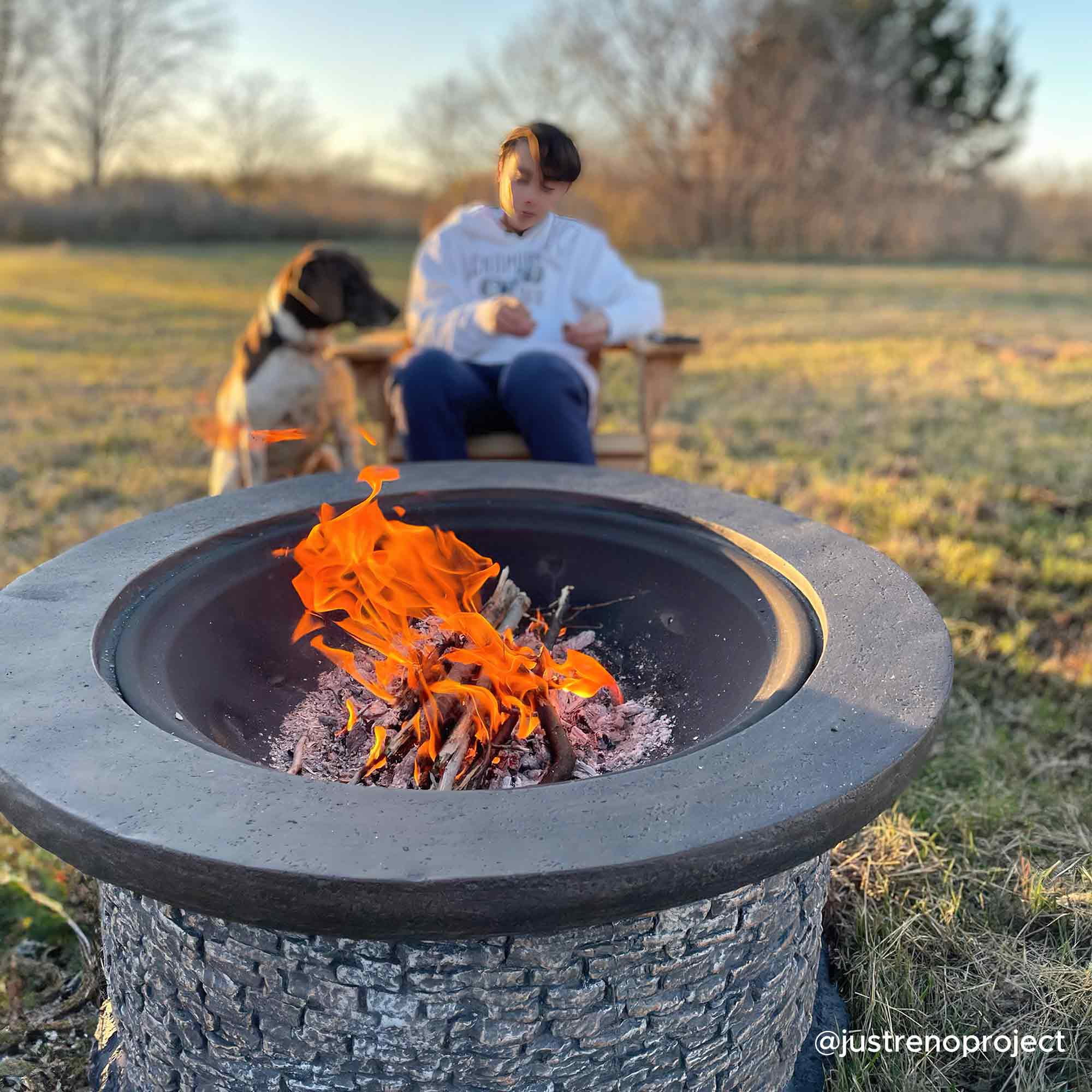 Sunjoy 32 in. Fire Pit for Outside, Outdoor Stone Wood Burning Firepits with Steel Mesh Spark Screen and Fire Poker, Large Bonfire for Patio and Backyard - Image 3