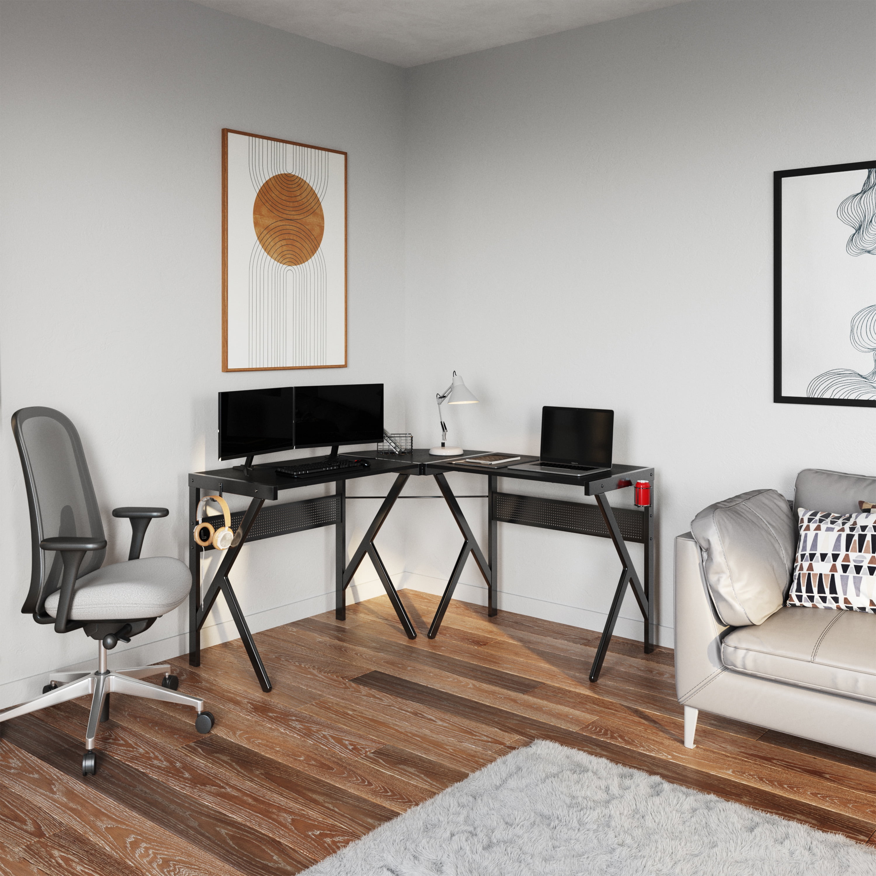 Lavish Home L Shaped Computer Desk with Headphone and Cup Holder Modern Style (Black) - Image 6