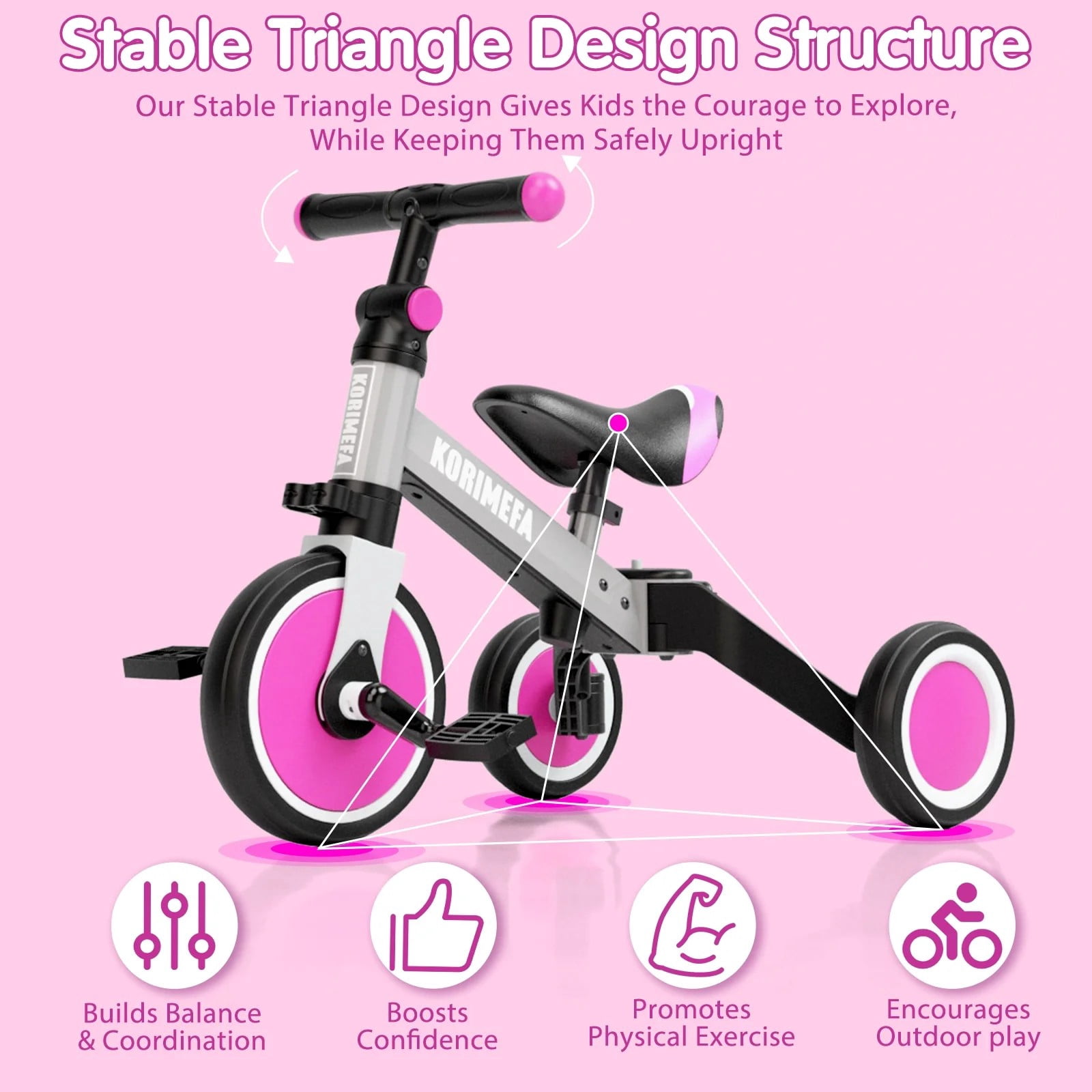 KORIMEFA 5 in 1 Kids Tricycle for 1-4 year olds, Toddler Bike Kids Trike for Balance Training, Baby Bike with Push Handle for Boy Girl - Image 7