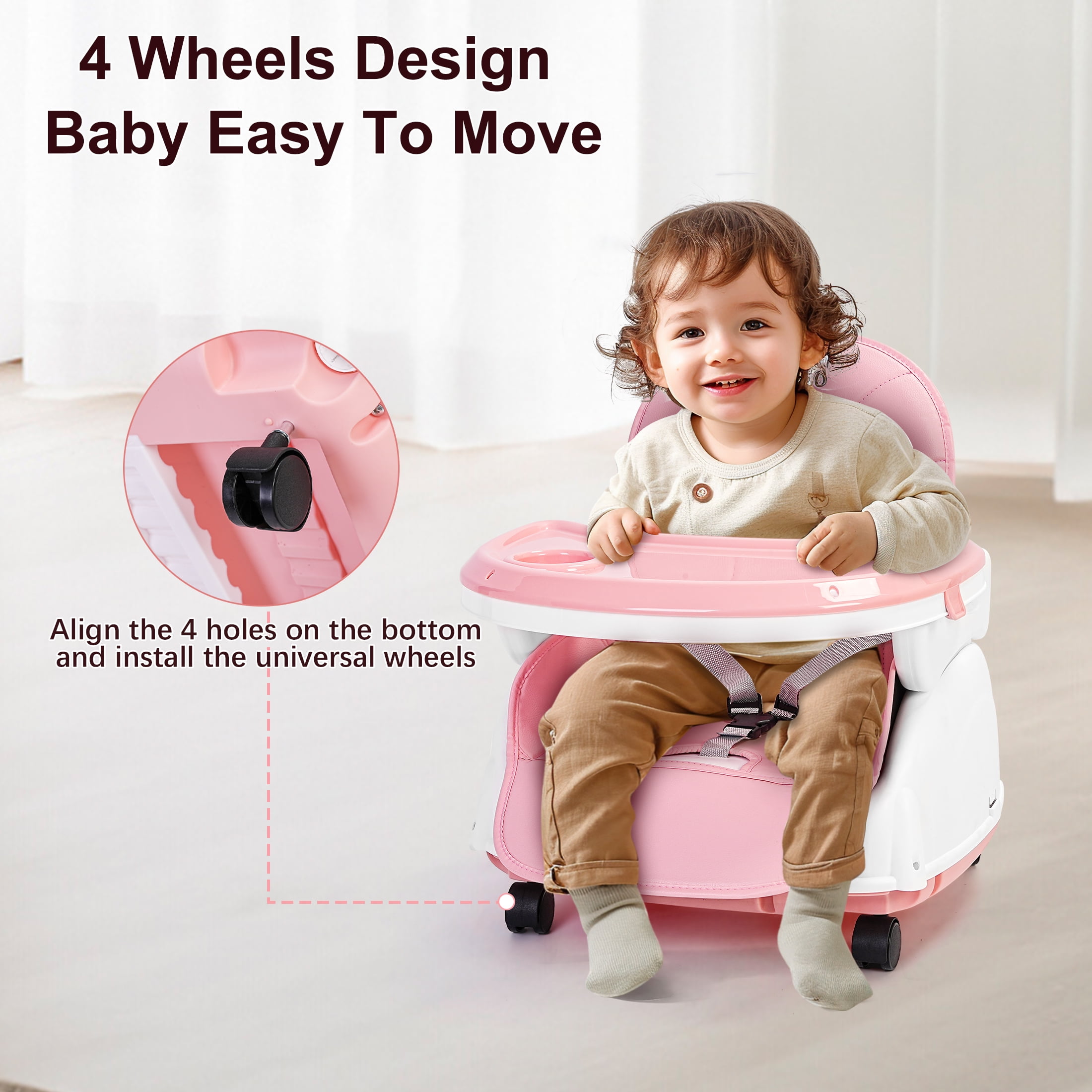 Minikid 5-in-1 High Chair with Wheels, 3-Point Seat Belt, Double-Layer Dinner Plate, Pink - Image 9