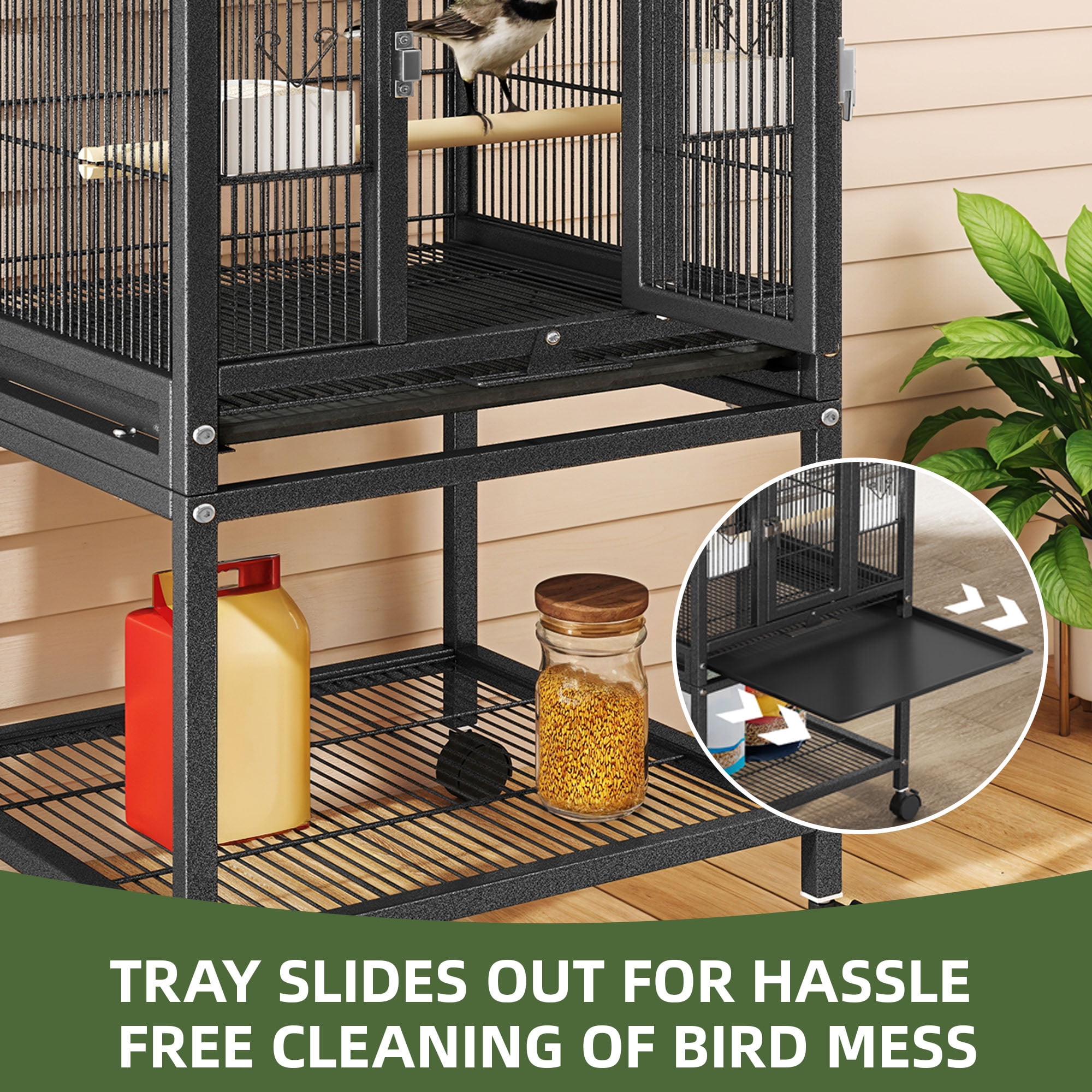 Uforic 41" Metal Birdcage with Rolling Stand and Castor Wheels, Large Parrot Cage with 2 Perches and 2 Feeders, Spacious Storage Tray, Black - Image 8