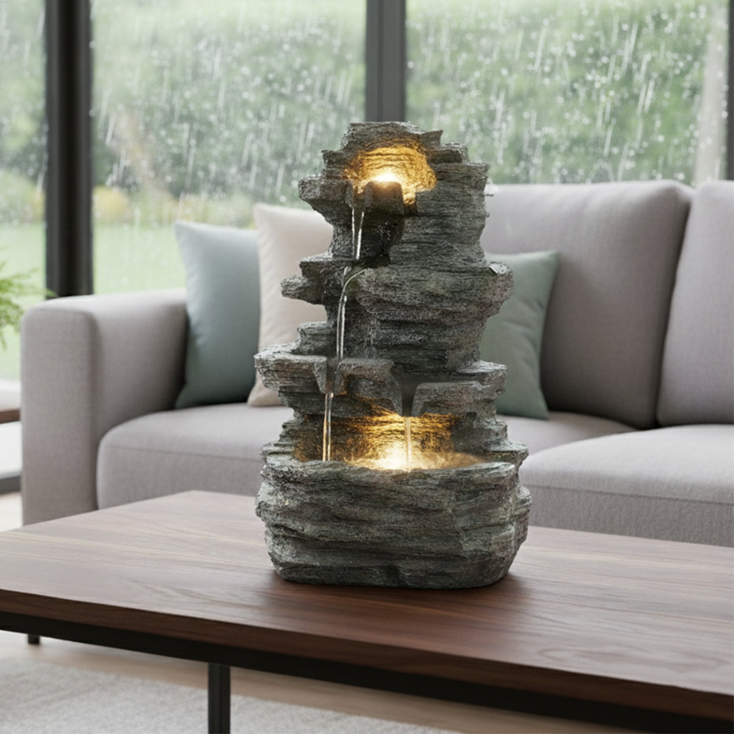 Pure Garden Indoor Electric Tabletop Waterfall Fountain with LED Lights - Resin 4-Tiered Stones, Grey - Image 8