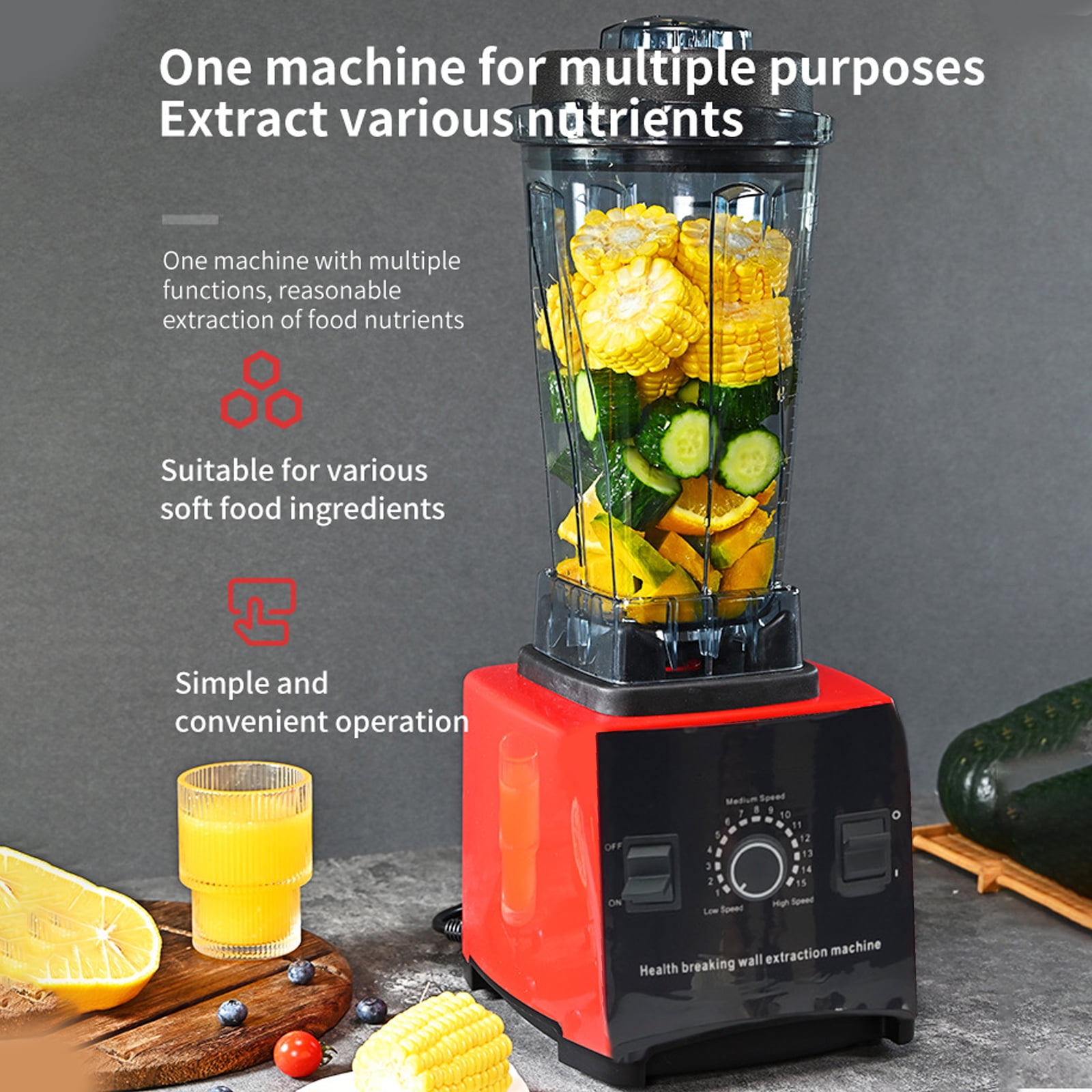 LASIEYO Countertop Blender, Professional Blender for Shakes and Smoothies Food Processor Electric Juicer Squeezer, 3000W 15 Adjustable Speed Control Blender for Kitchen Ice Crush Fruit Drinks, Red 2L - Image 8